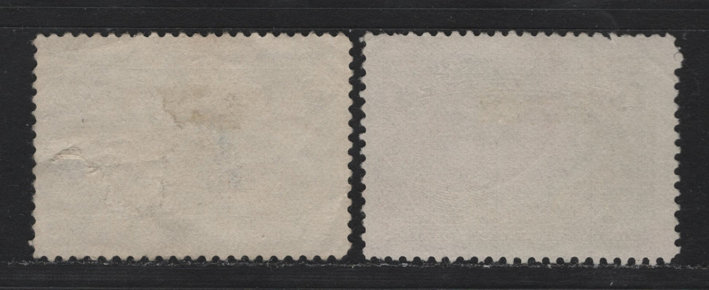 Lot 240 Canada #97, 99 1c - 5c Bluish Green - Dark Blue, 1908 Quebec Tercentenary Issue, 2 Very Good/Fine used Singles, ABN-A & ABN-B Papers, Thin On 5c & Light Corner Crease
