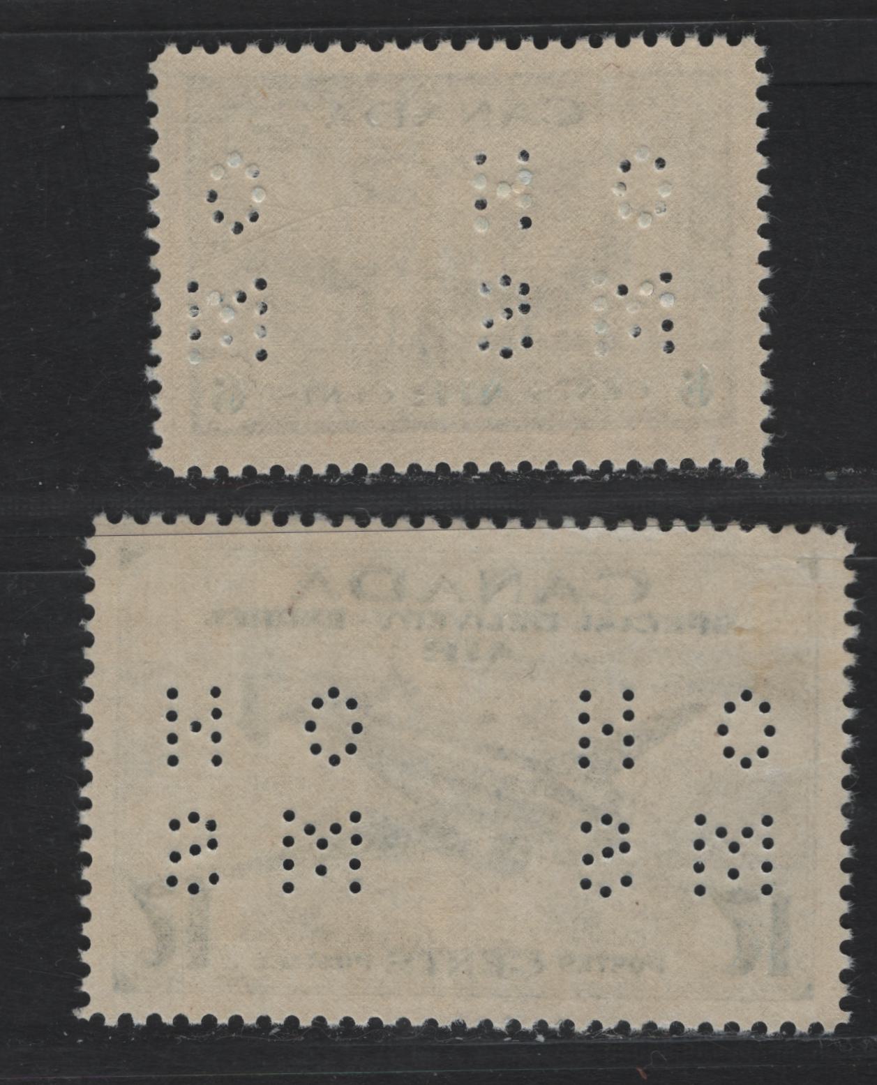 Lot 247 Canada #O9-C7, O9-CE2 6c - 17c Blue - Deep Bright Ultramarine , 1942-1943 War Issue Airmail - Special Delivery Airmail Issues, A VFNH/OG Single, 4-Hole OHMS Perfin, Pos. 1, Unchecked To Specific Gum Type, Original Die To The Perfin.
