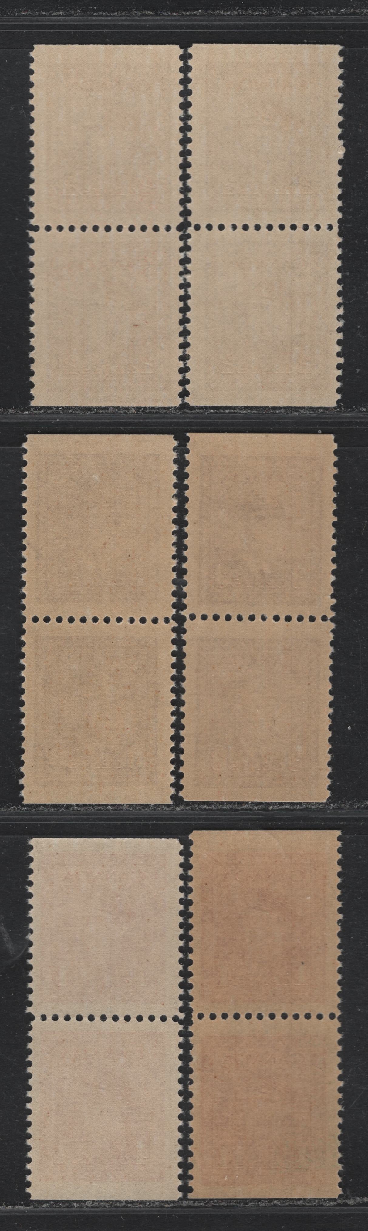 Lot 255 Canada #250as, 252as, 254as 2c - 4c Brown - Carmine Red , 1942-1943 KGVI War Issue, 6 VFNH Booklet Pairs, Booklet Pairs From The Middle Of The Booklet Pairs, All Printed In Slightly Different Shades Or On Different Paper/Gums