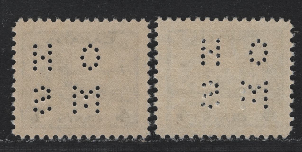 Lot 268 Canada #O9-253 4c Slate & Bluish , 1942-1943 KGVI War Issue, 2 VFNH Singles, 4 Hole OHMS Perfin, Pos. 1, Soft Vertical Wove With Creamy Semi Glossy Gum.