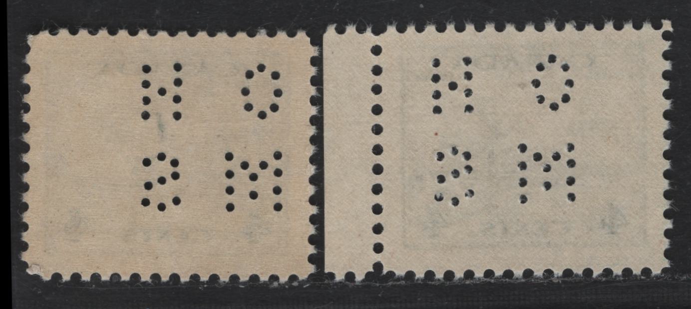 Lot 269 Canada #O9-253 4c Slate & Bluish Slate , 1942-1943 KGVI War Issue, 2 VFNH Singles, 4 Hole OHMS Perfin, Pos. 1, Vertical Wove Paper With Clear Mesh & Cream Gum.