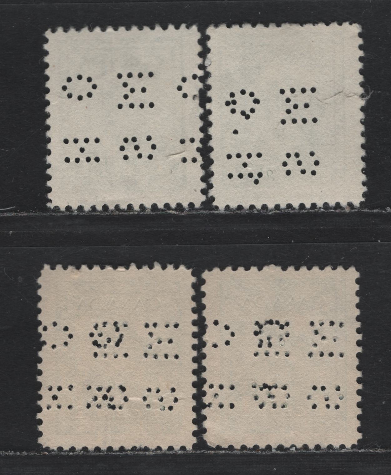 Lot 284 Canada SC#O9-249var 1c Green King George VI, 1942-1949 War Effort Issue, 4 Fine & VF Used Singles 4-Hole OHMS Perfins From Position 4, Original Die, With Two Different Double Strikes, One With Additional Errant Holes & One Showing Narrow Spacing