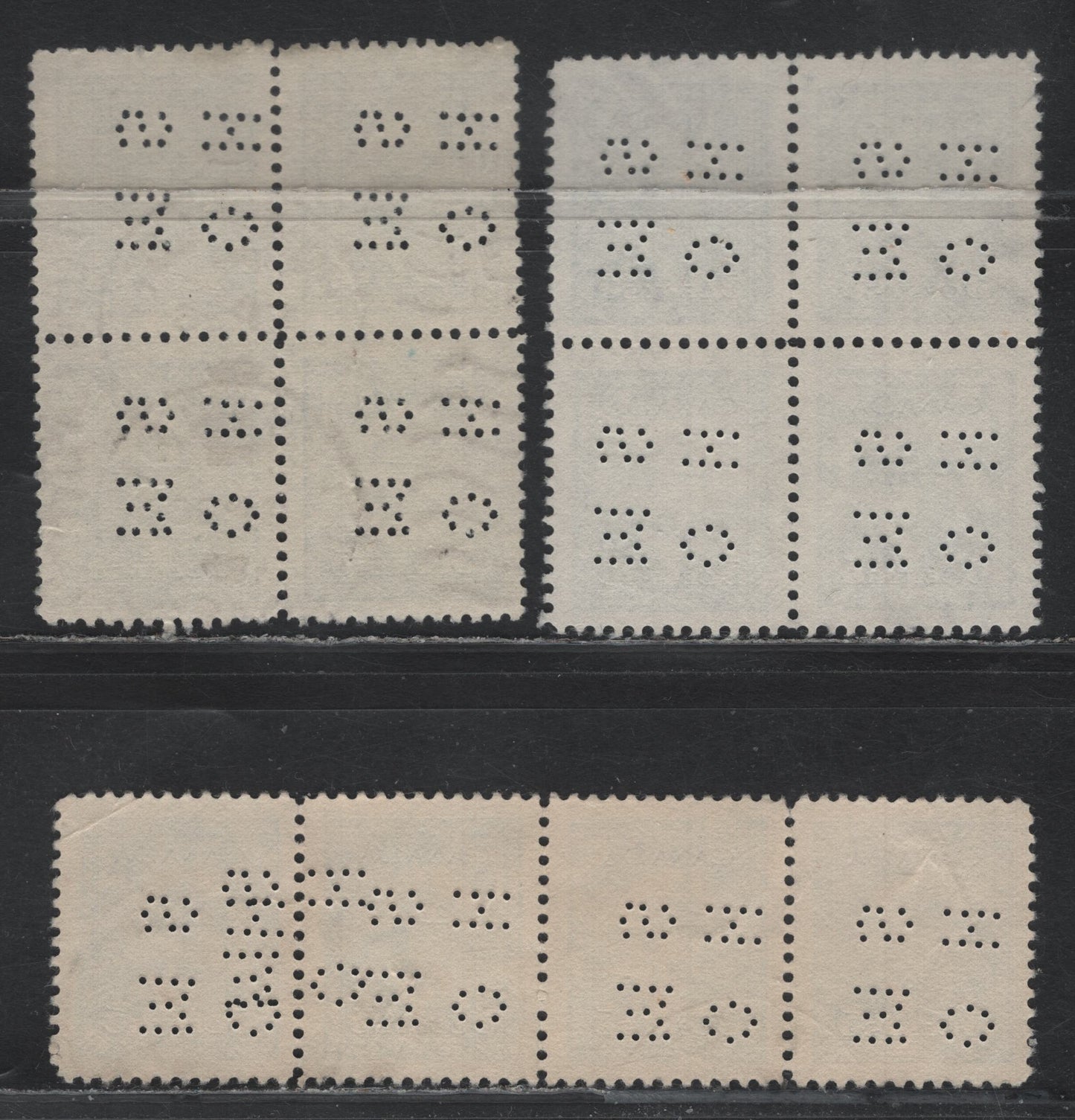 Lot 287 Canada SC#O9-255, O10-255 5c Blue, 2 VF Used Blocks of 4 & Strip of 4 4-Hole OHMS Perfins From Position 2, Original & Revised Dies, With Strip of 4 Showing The Double Strike Affecting The Last Stamp, Different Shades Of Blue
