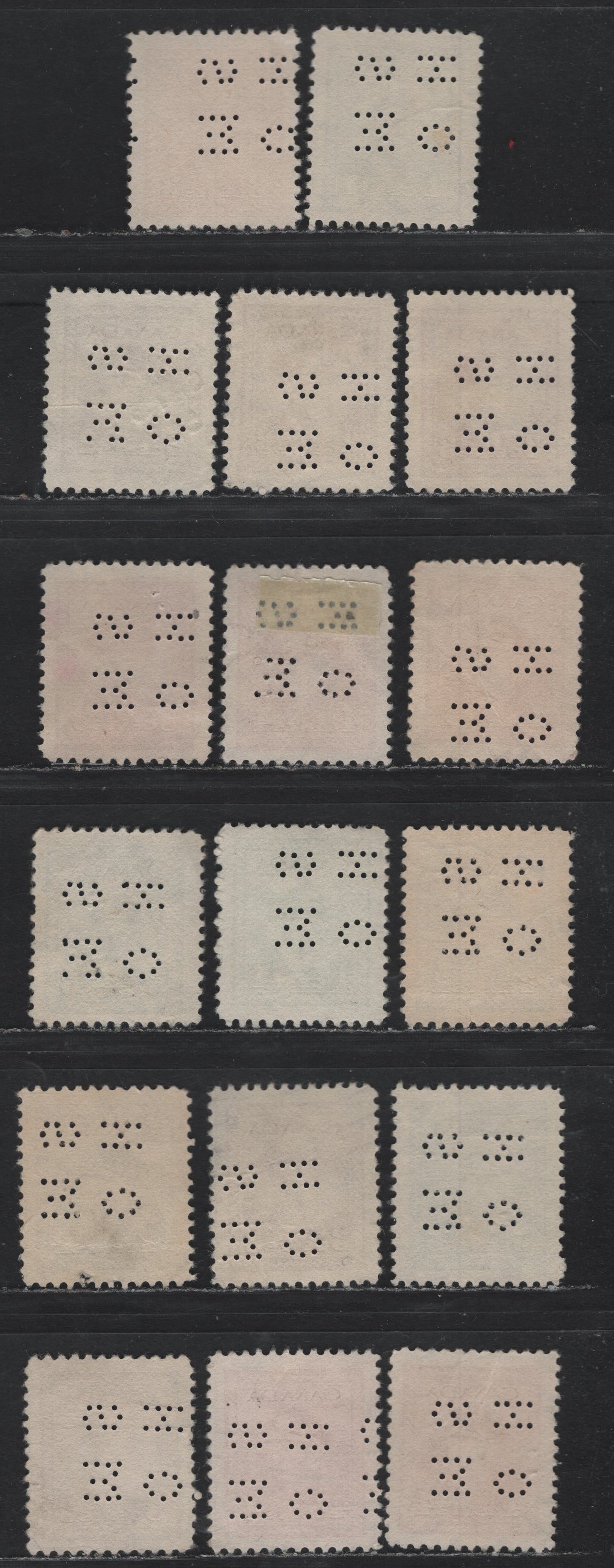 Lot 288 Canada SC#O9-249-O9-255 1c-5c Green-Blue King George VI, 1942-1949 War Effort Issue, 17 VF Used Singles 4-Hole OHMS Perfins From Position 2, Original & Revised (2c, 3c, 4c, 5c) Dies, Different Shades Or Papers