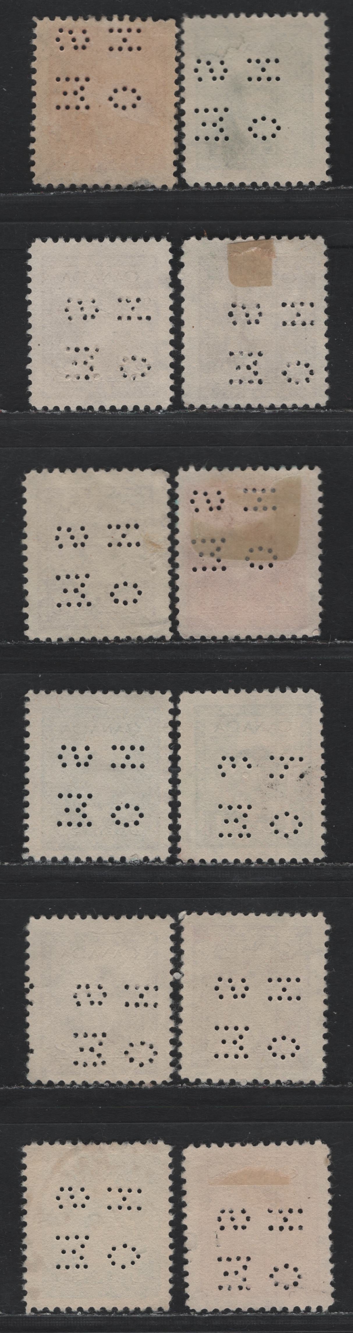 Lot 289 Canada SC#O10-250var, O10-254var 1c-5c Green-Blue King George VI, 1942-1949 War Effort Issue, 12 Fine & VF Used Singles 4-Hole OHMS Perfins From Position 2, Original & Revised (2c, 3c, 4c, 5c) Dies, Different Shades Or Papers