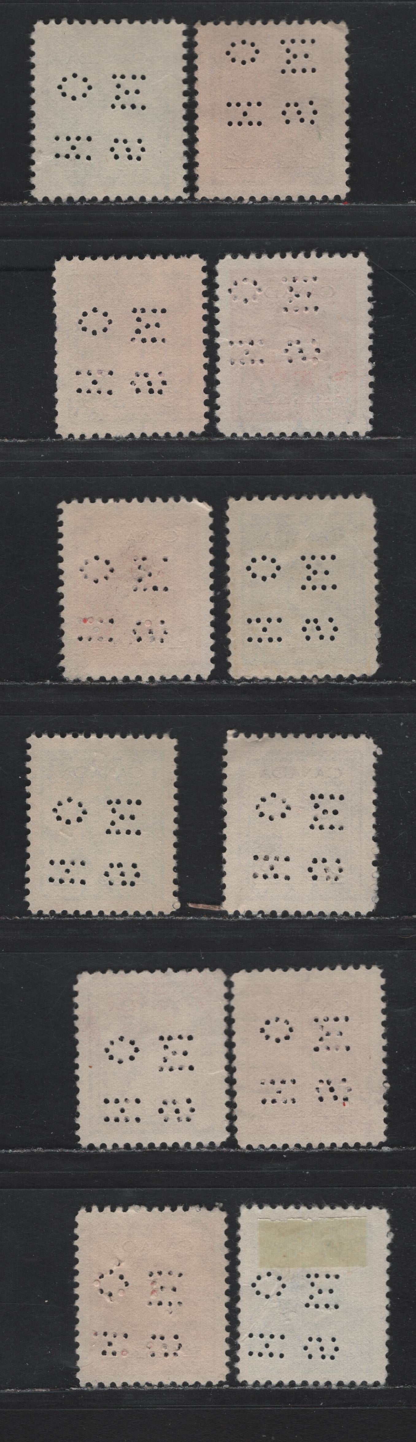 Lot 291 Canada SC#O9-254var, O10-250var 1c-5c Green-Blue King George VI, 1942-1949 War Effort Issue, 12 VF Used Singles 4-Hole OHMS Perfins From Position 4, Original & Revised Dies, Different Shades Or Papers On the 4c Original Die