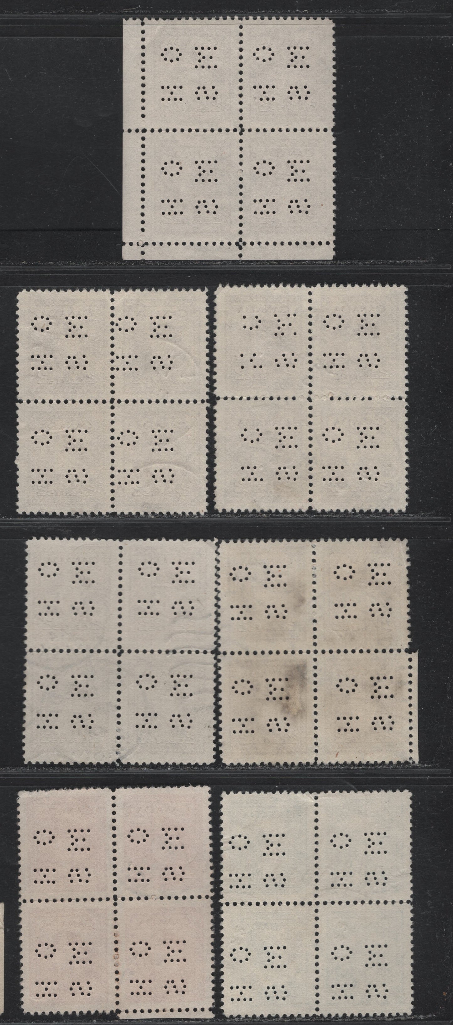 Lot 293 Canada SC#O9-249, O9-250, O9-254, O10-249 2c, 4c-5c Brown, Carmine Red & Blue King George VI, 1942-1949 War Effort Issue, 6 VF Used Blocks of 4 4-Hole OHMS Perfins From Position 4, Original Die, All With Different Town Cancels
