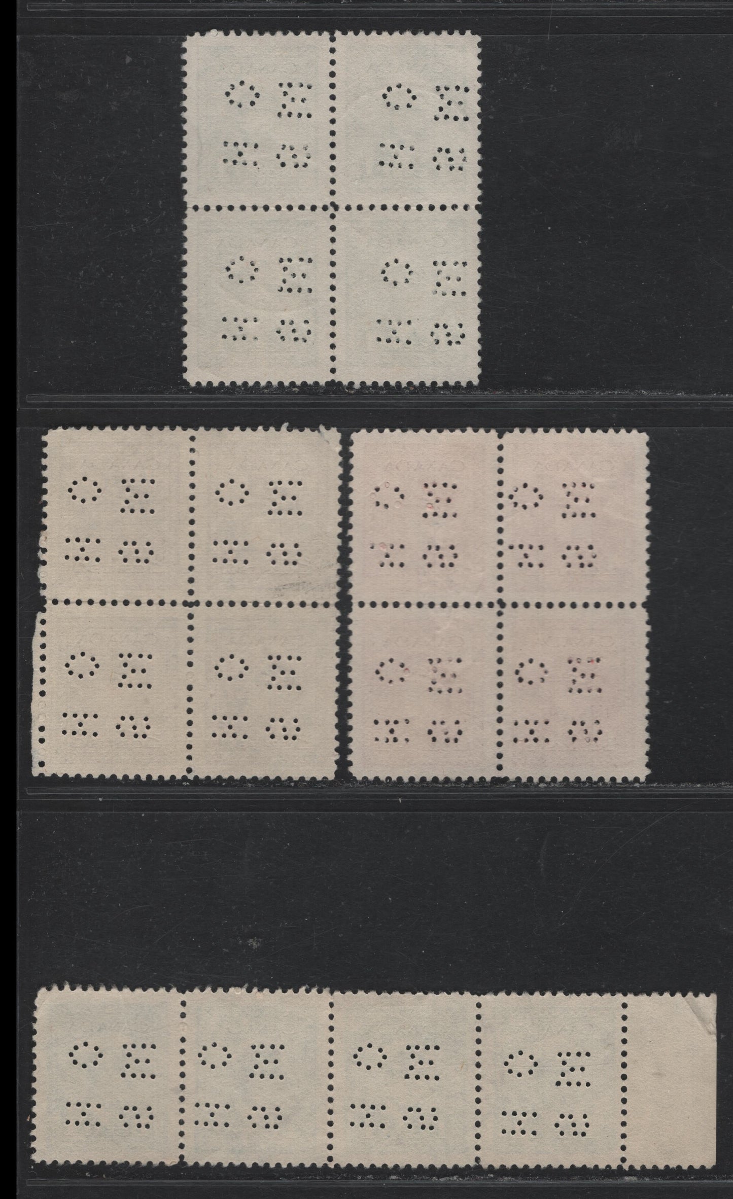 Lot 294 Canada SC#O1, O4 1c, 2c, 4c Green, Carmine-Red, Blue King George VI, 1942-1949 War Effort Issue, 3 VF Used Blocks of 4 & Strip of 4 4-Hole OHMS Perfins From Position 4, Original & Revised (1c) Dies, The 1c Block Showing Both Dies