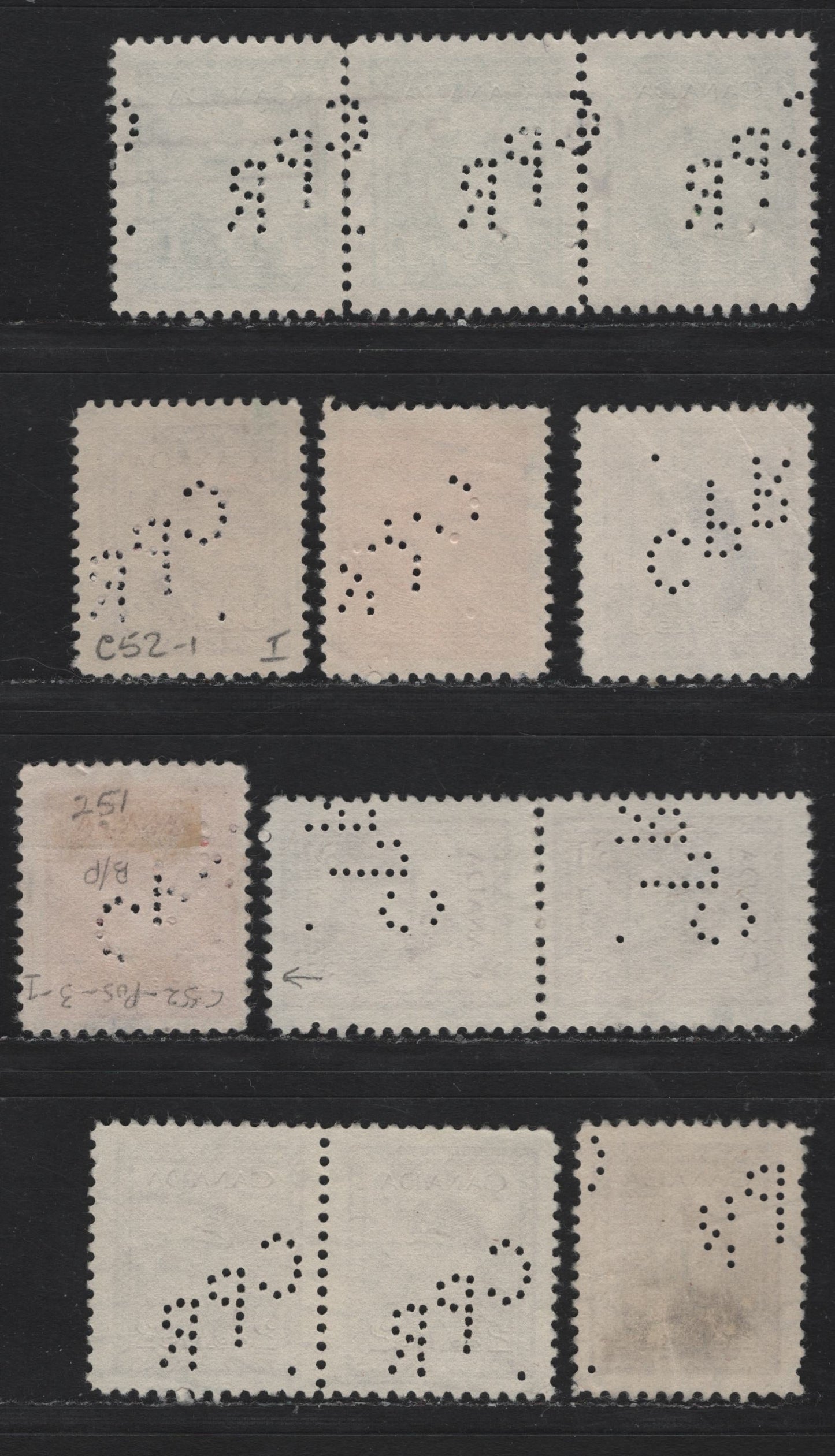 Lot 330 Canada #249var, 250var, 251var, 252var 1c - 3c Green - Rose Purple , 1942-1943 KGVI War Issue, 9 Fine/Very Fine Used Singles, CPR Perfins From Vancouver Office, Pos. 1 & 3