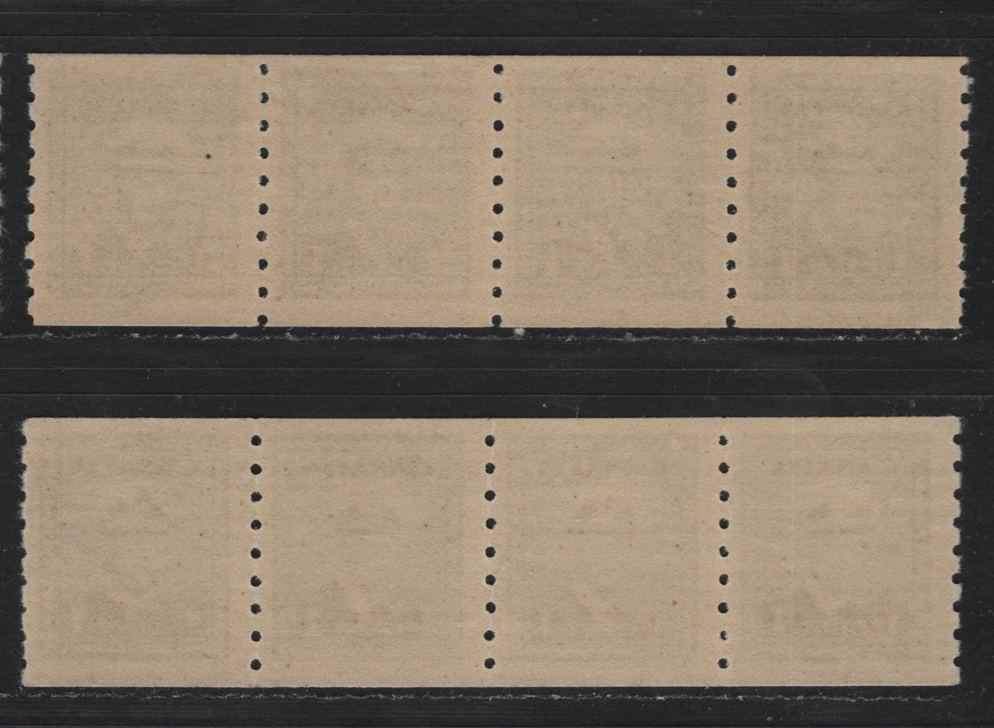 Lot 335 Canada #263 1c Green , 1942-1943 KGVI War Issue Coils, 2 VFNH Strips Of 4, Vertical Wove Paper With Satin Cream Gum, Perf 8 Vertical, One With Same Spacing Between Stamps (4mm) & One With Both 3.5mm & 4mm Spacing.