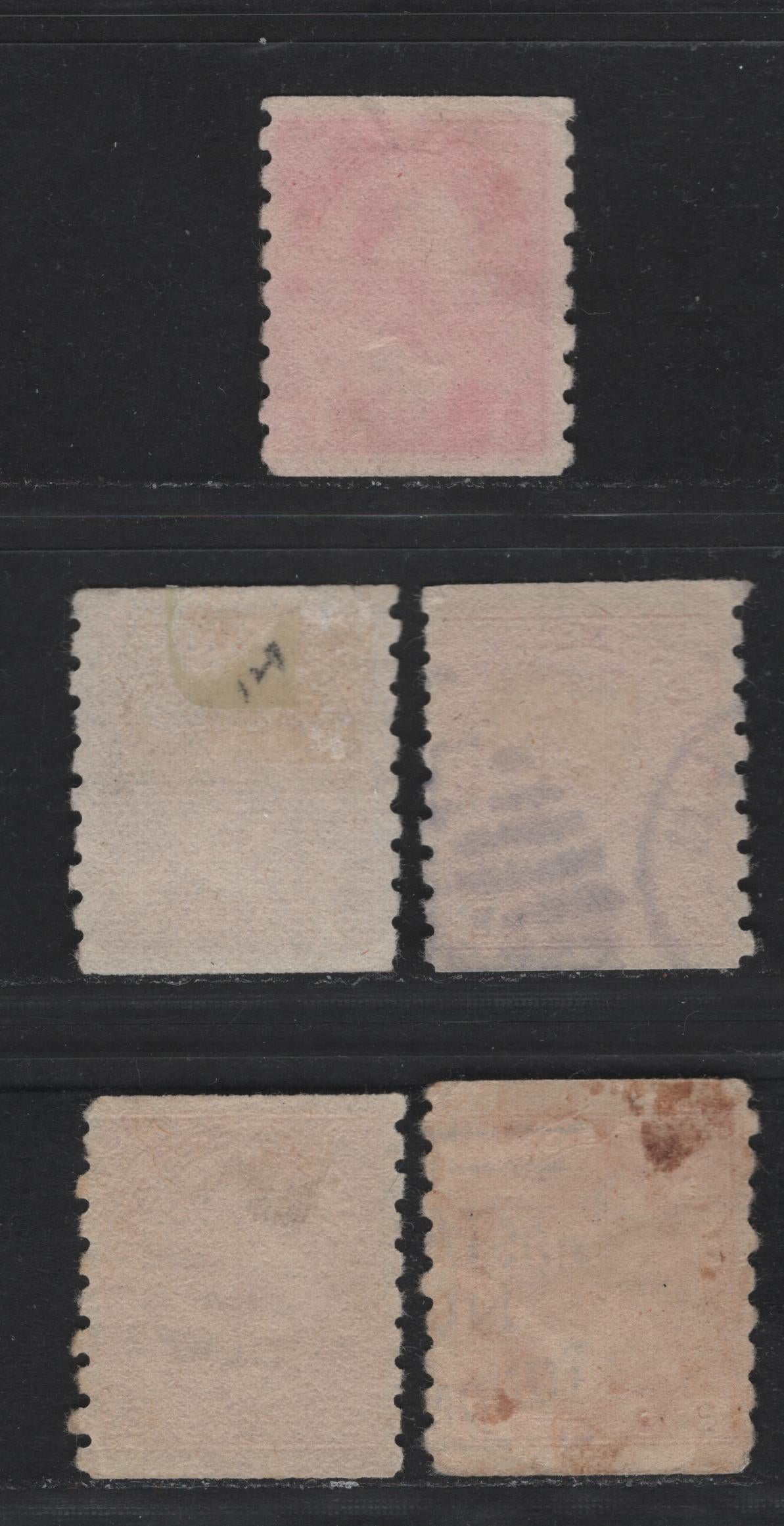 Lot 54 Canada #127ii, 129, 130,b 2c - 3c Rose Red - Carmine Red , 1912-1924 KGV Admiral Coil Issue, 5 Very Good/Fine/Very Fine Used Coil Singles, Dies 1 & 2, Perf 8 Vertical, The Die 2 3c Coil Has A Light Corner Crease.