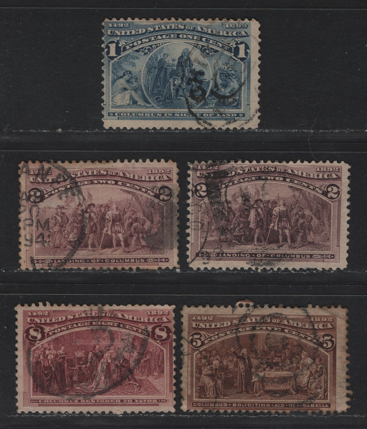 Lot 61 United States SC#230-231, 234, 236 1c - 8c Deep Blue - Brown Purple , 1893 Columbian Exposition Issue, 5 Very Good/Fine Used Singles