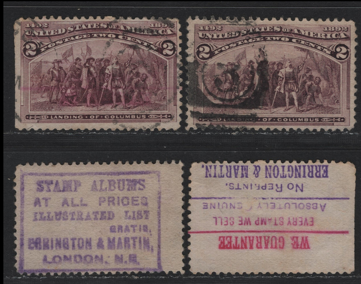 Lot 117A United States SC#231var 2c Brown Violet , 1893 Columbian Exposition Issue, 4 Very Good/Fine Used Singles, Each With Different Errington & Martin Stamp Dealer Ad On The Stamp, One In Two Colors