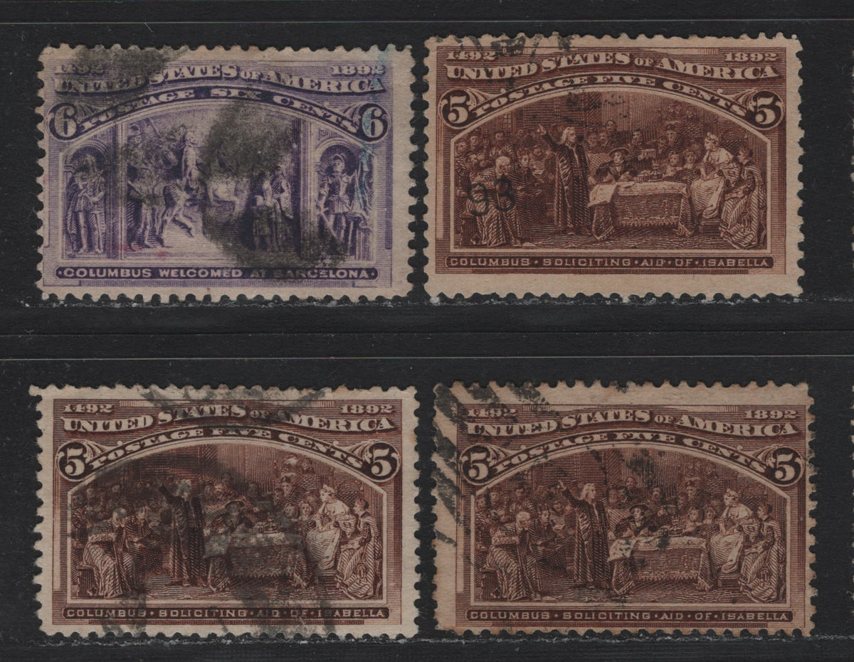 Lot 65 United States SC#234-235 5c - 6c Chocolate - Violet , 1893 Columbian Exposition Issue, 4 Very Good/Fine Used Singles, 3 Shades of Chocolate, All On Horizontal Wove Paper, Light Diagonal Crease Along The Right Side.