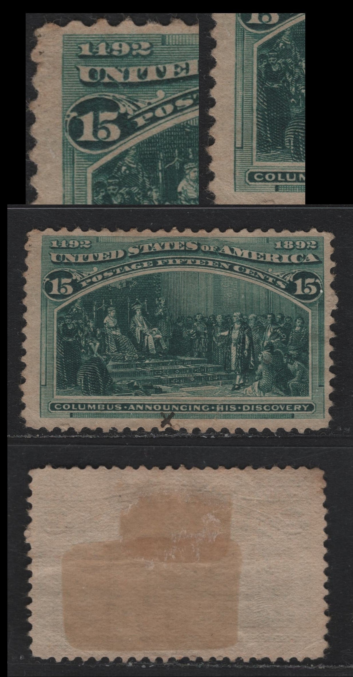 Lot 134 United States SC#238 15c Deep Blue Green , 1893 Columbian Exposition Issue, A Good Used Singles, Horizontal Wove Paper, Showing A Minor Re-Entry In Which The Left Outer Frameline & Cross-Hatching Has Doubled