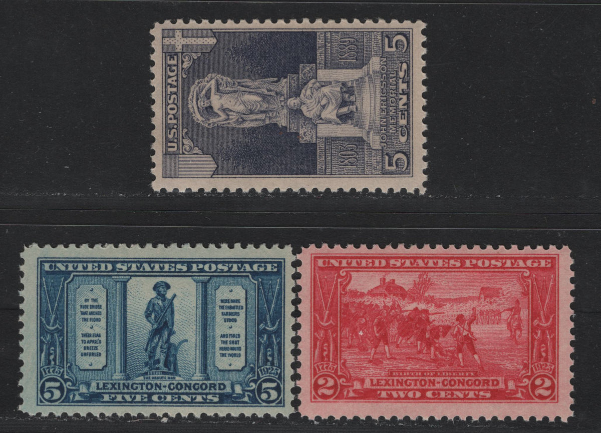 Lot 72 United States SC#618-619, 628 2c - 5c Deep Carmine Rose - Gray Lilac , 1925-1926 Lexington Concorde - Ericsson Issues, 3 FOG Singles, As Lot 160, But Hinged
