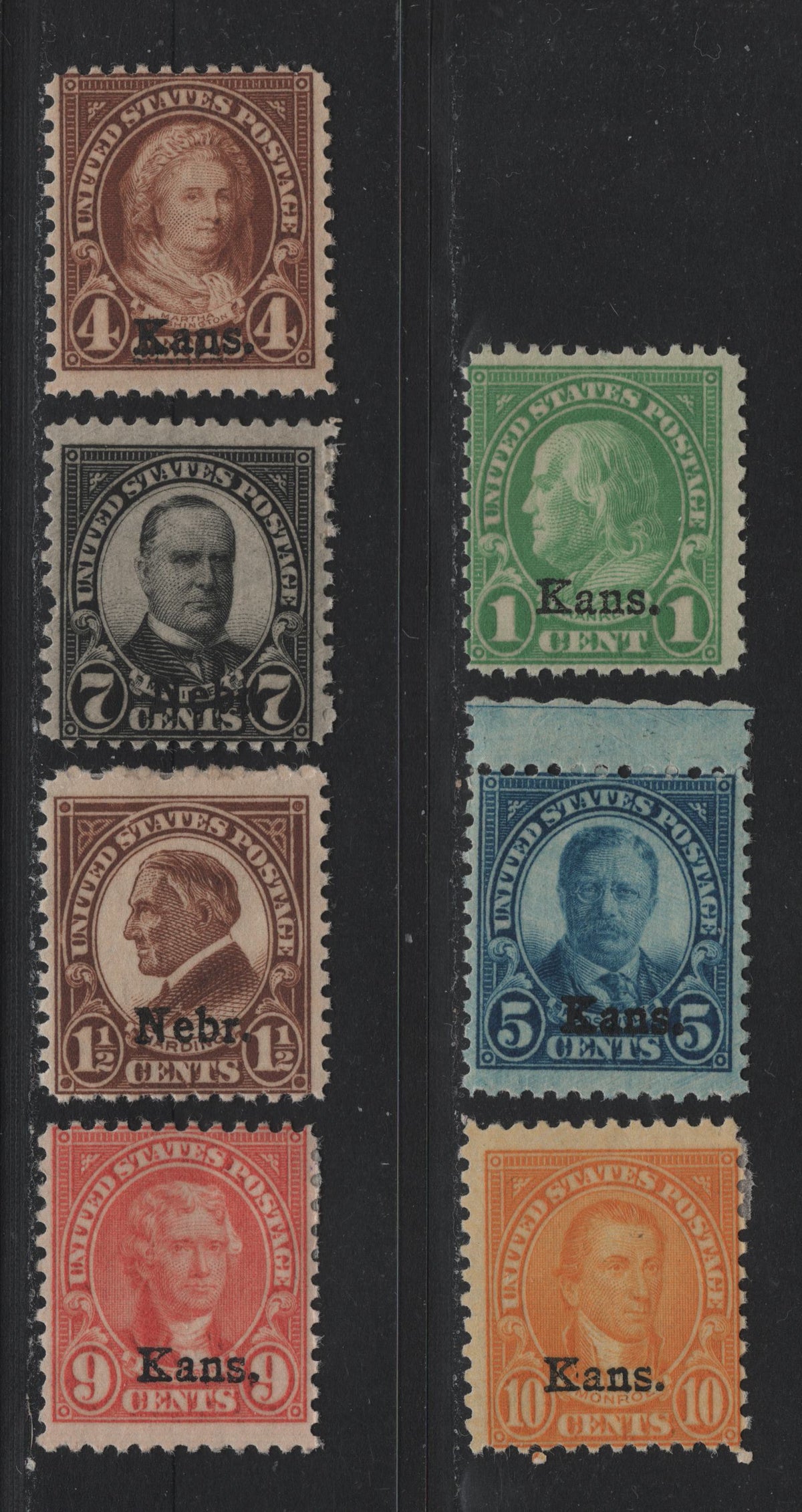 Lot 74 United States SC#658, 662-663, 667-668, 670, 676 1c - 7c Green - Black , 1929 Kansas & Nabraska Overprinted Issue, 7 VG/FOG Singles, As Lot 168, But Hinged