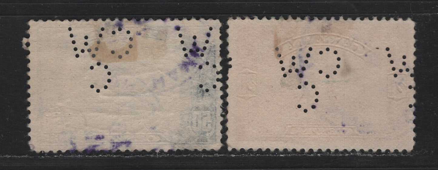 Lot 269 Canada #157-158 20c - 50c Carmine - Dark Blue , 1928-1929 KGV Scroll Issue, 2 Good/Very Fine Used Singles, Canadian Westinghouse Perfeins From Pos. 1, 50c Has Some Thinning At Left