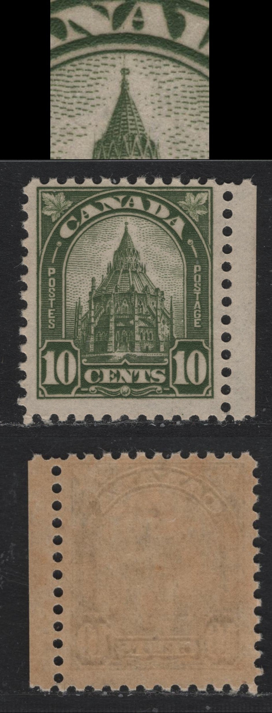 Lot 309A Canada #173ii 10c Light Bronze Green , 1930-1931 KGV Arch/Leaf Issue, A FOG Single, Broken Spire Variety, BABN-X Paper, Perf 10.8.
