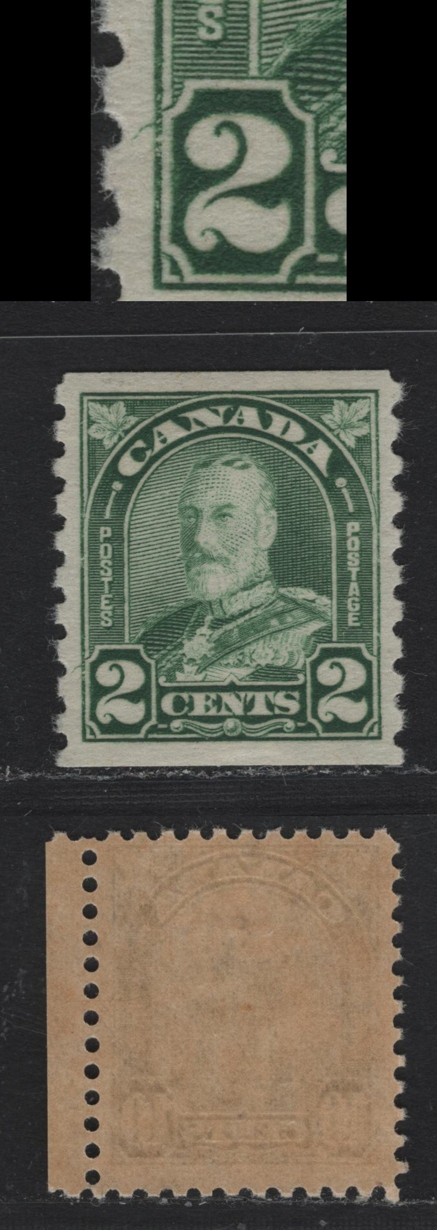Lot 332 Canada #180var 2c Green , 1930-1931 KGV Arch/Leaf Coil Issue, A VFOG Coil Single, BABN-MMM Paper, Showing Small Diagonal Squigly Line From Left Frame