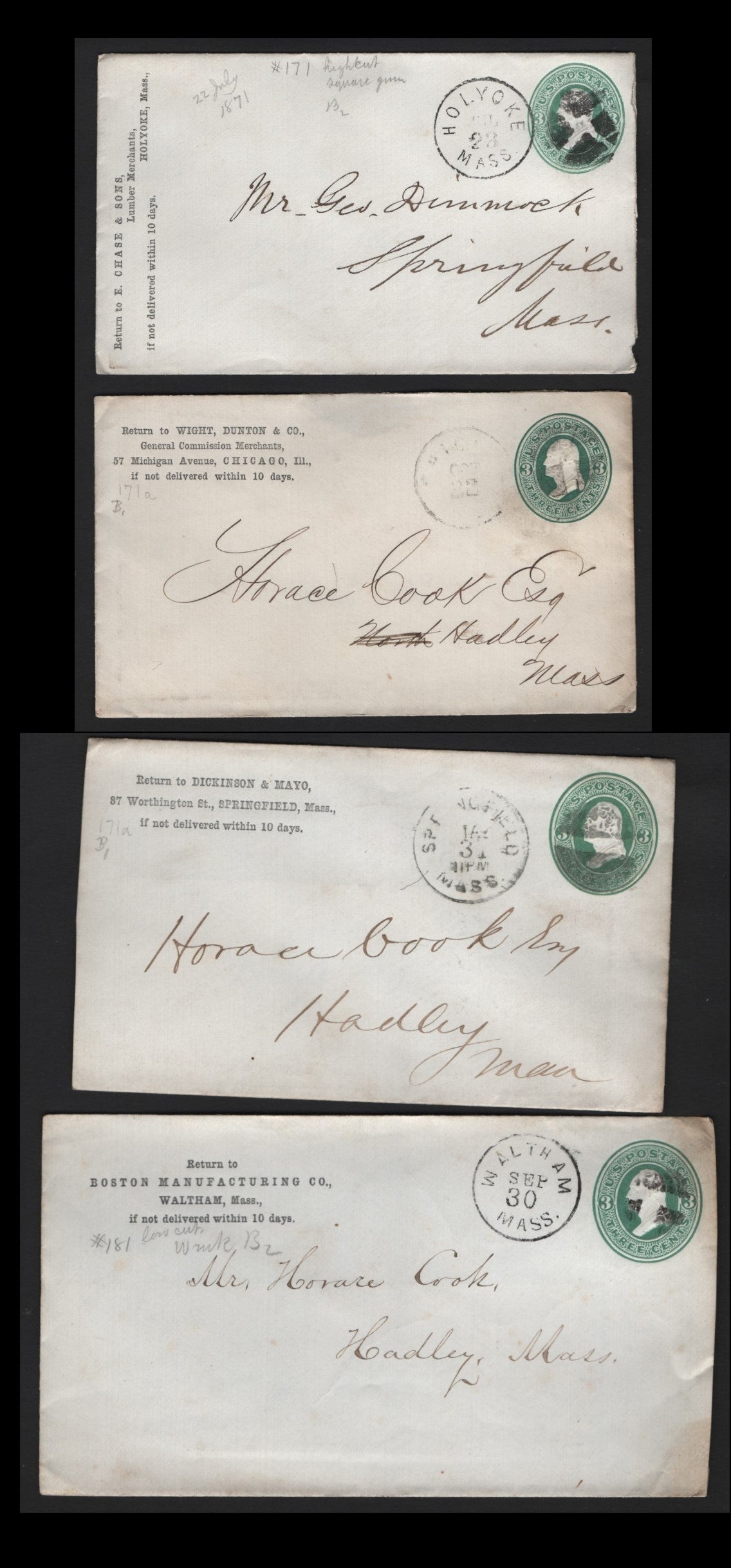 Lot 36 United States SC#U82 3c Green , 1870-1871 Reay Issue, 4 Fine/Very Fine Used Envelopes, Different Massachusetts Cancels & Corner Cards, Shades of Green Also Differ Slightly