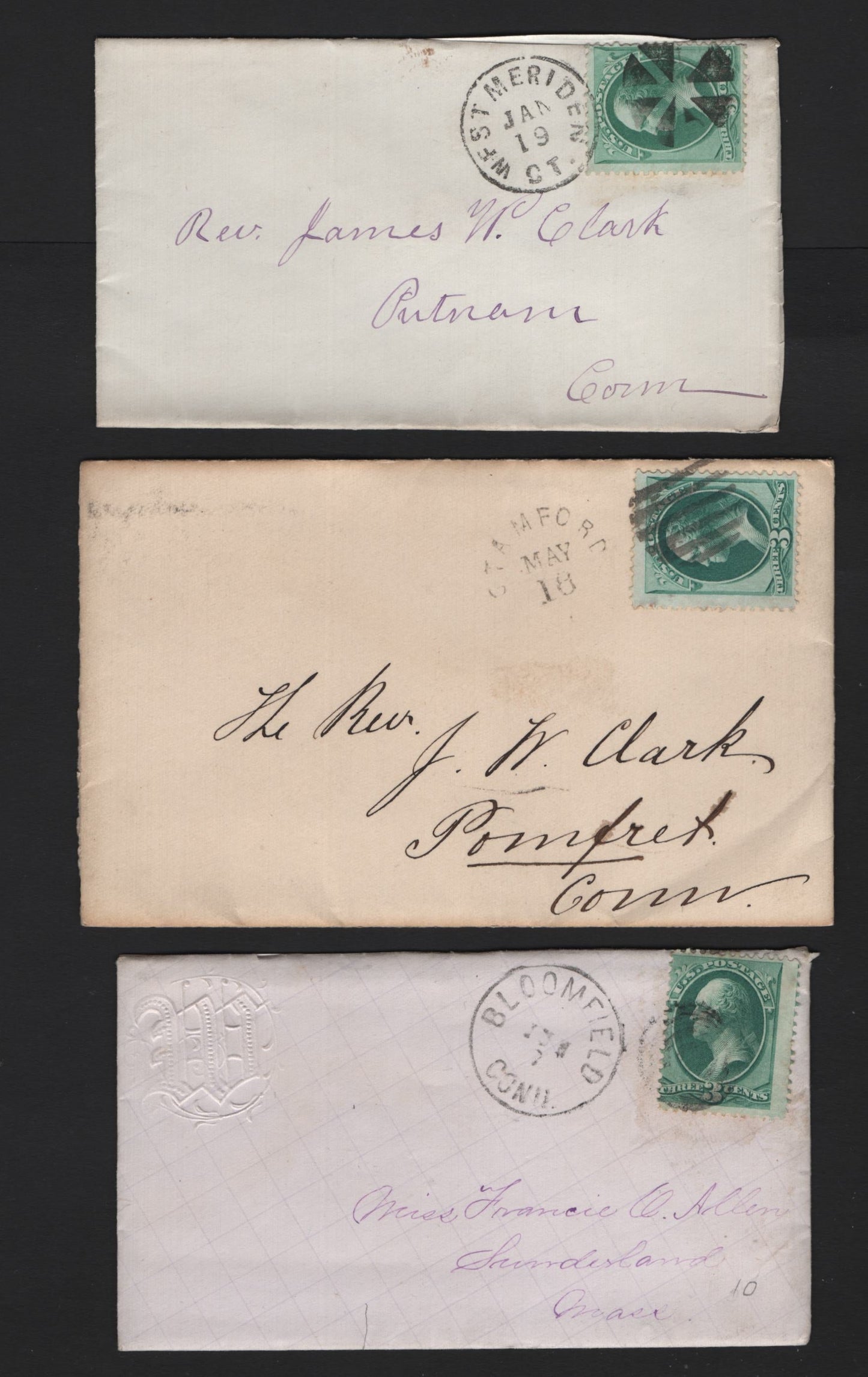 Lot 37 United States SC#147 3c Green - Deep Green , 1870-1871 Large Banknote Issue, 3 Very Fine Used Covers, National Bank Note Printings, Without Grill, Cancellations For Stamford, West Monden CT & Bloomfield.