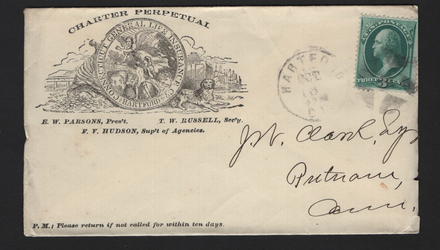 Lot 38 United States SC#147 3c Green , 1870-1871 Large Banknote Issue, A Fine Used Corner Card Cover, Charter Perpehal Insurance CO, Opening At Right Just Clips The Perfs of the Stamp