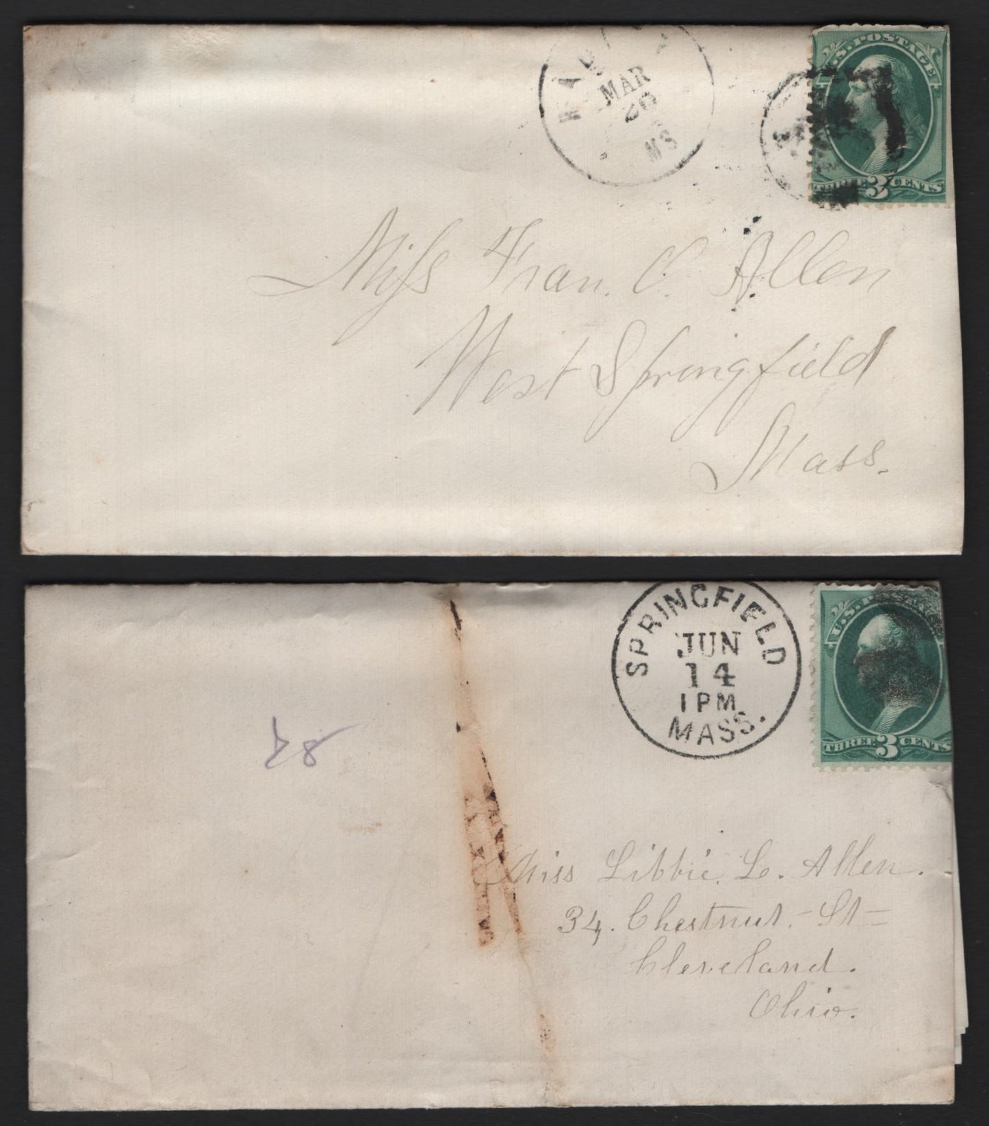 Lot 58 United States SC#158 3c Green , 1870-1871 Large Banknote Issue, 2 Damaged/Ungraded Used Covers, More Letters From The Allen Correspondence, One To Libbie Allen From Her Mother, One Is To Francine From A Friend Who Signs Off As 'CH'