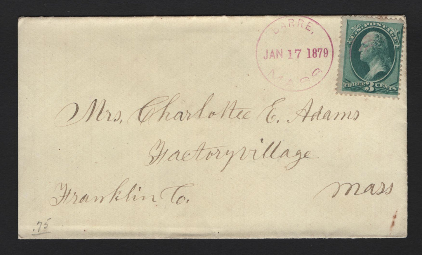 Lot 61 United States SC#158 3c Green , 1870-1871 Large Banknote Issue, A Very Fine Used Cover, Continental Printing On 1879 Cover From Barre, Mass, Showing Clear Violet CDS Cancel With light Purple Target