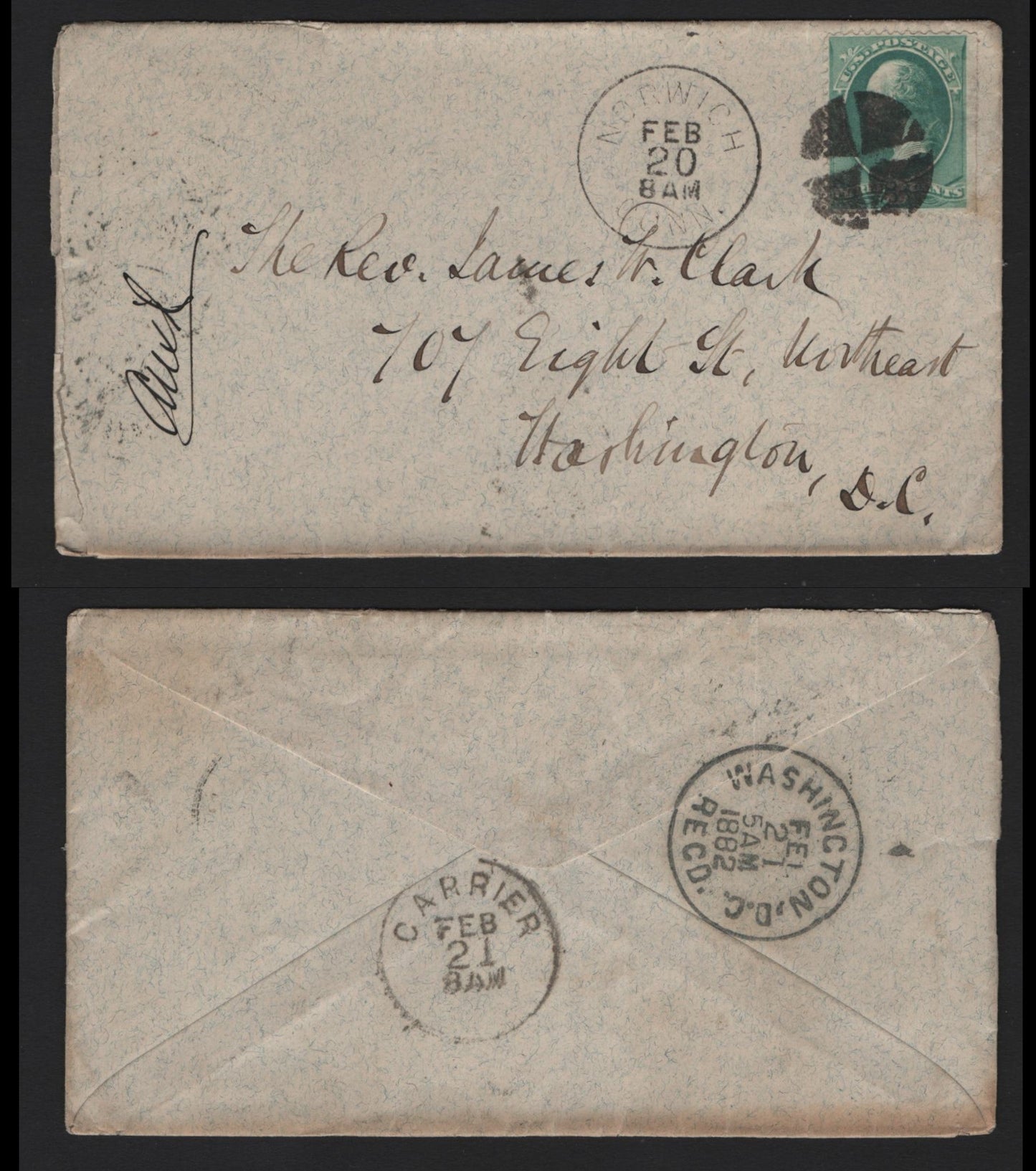 Lot 79 United States SC#207 3c Blue Green , 1881-1882 American Banknote Printing Issue, A Very Fine Used Cover, Sent From Norwich, Conn To Washington, DC, Segmented Cork Norwich Duplex Feb 21 Carrier Backstamp & Washington DC Backstamp