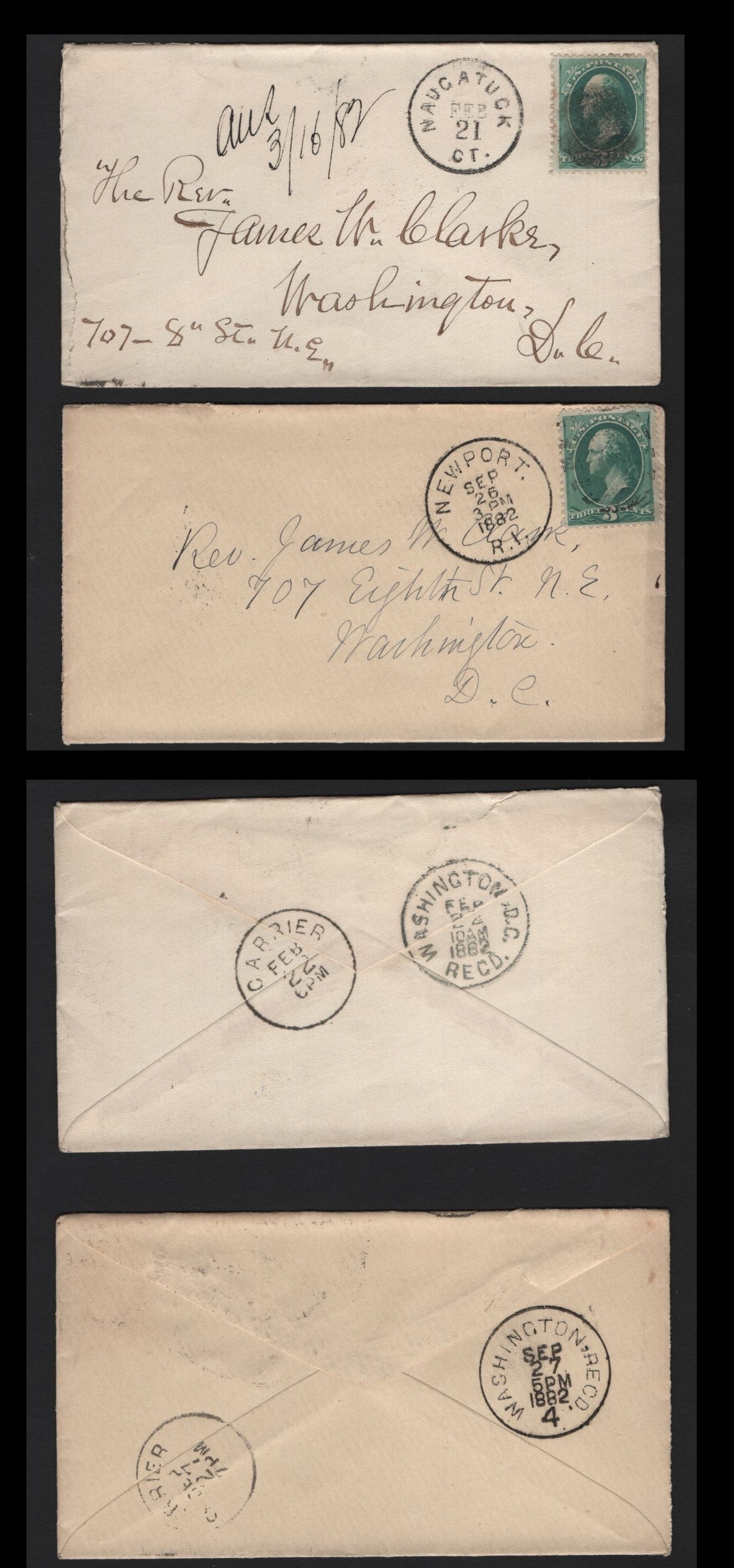 Lot 91 United States SC#207 3c Blue Green , 1881-1882 American Banknote Printing Issue, 2 Very Fine Used Covers, 1882 & 1883 Covers To Washington DC Sent From Newport, RI & Naugatuck, CT, Numeral & Smudges Duplexes