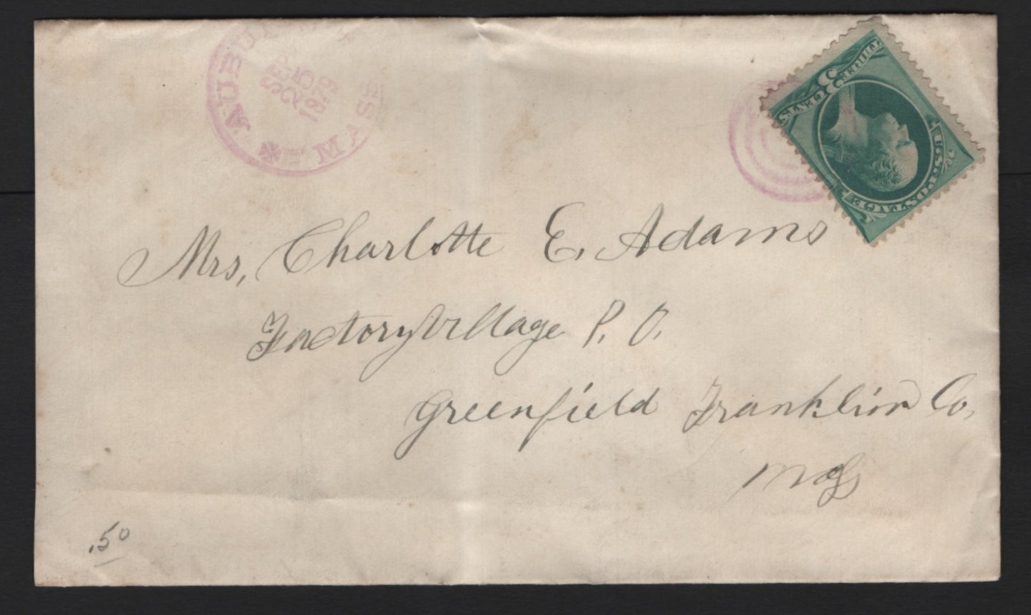 Lot 94 United States SC#184 3c Green , 1879 American Banknote Printing Issue, A Fine Used Cover, ABN Printing, Auburn, Mass To Maryland, Stamp Is Tied By Faint Scarcer Purple Auburn Mass Duplex Cancel.