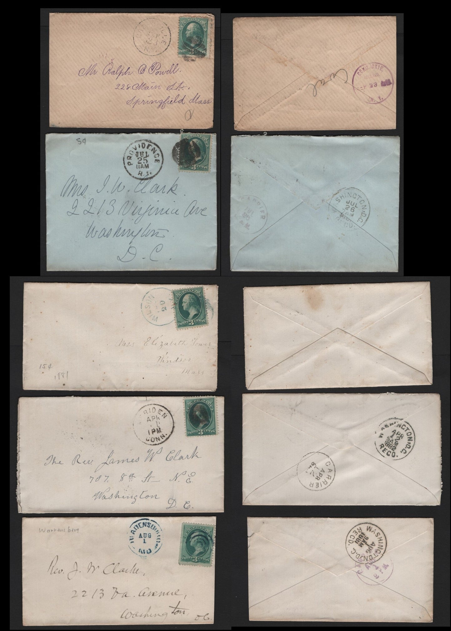 Lot 98 United States SC#184 3c Green , 1879 American Banknote Printing Issue, 5 Fine/Very Fine Used Covers, ABN Printings, Sent To Washington DC, Springfield Mass & Windsor, Mass, Tied By Various Cork & Target Duplex Cancels.