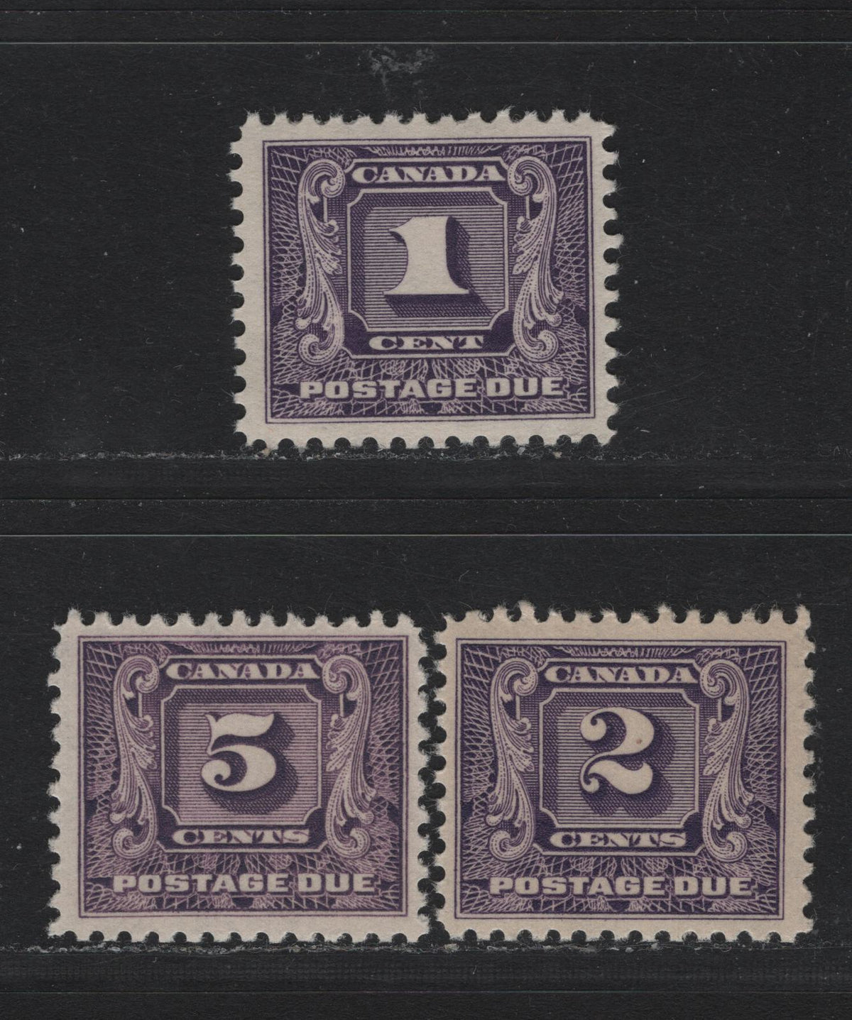 Lot 91 Canada #J6-J7, J9i 1c - 5c Bluish Violet - Reddish Violet, 1930-1932 2nd Postage Dues, 3 FNH Singles, BABN-GG (1c) & BABN-D (2c & 5c) Papers