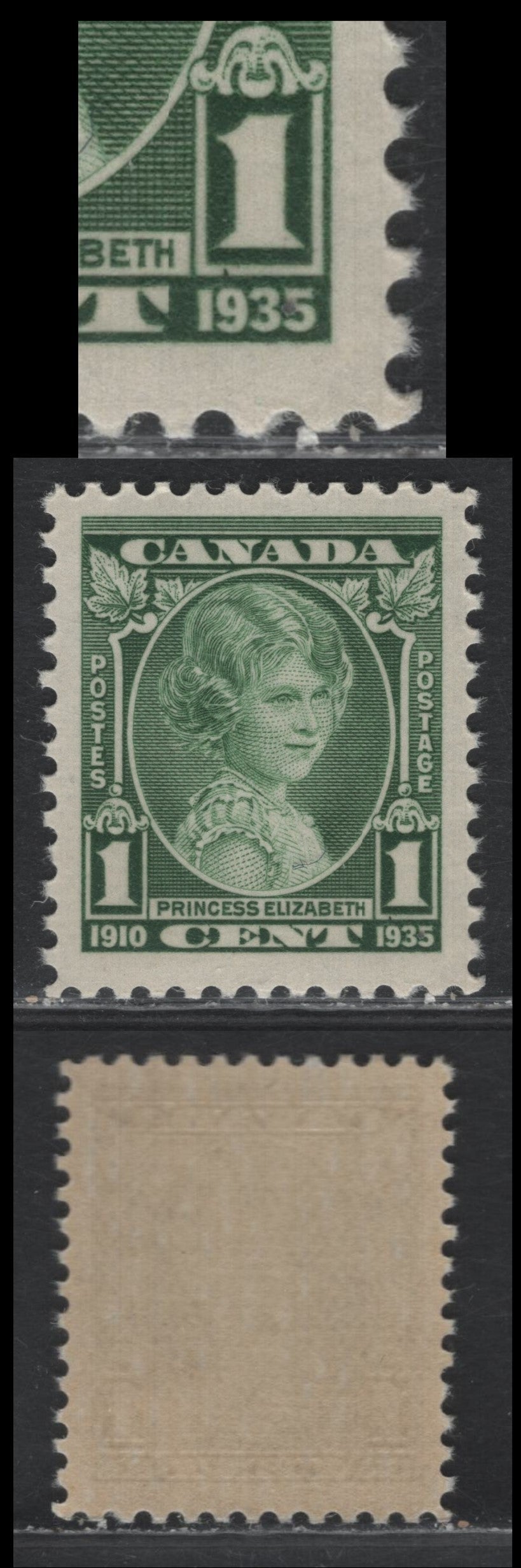 Lot 242 Canada #211 1c Green, 1935 KGV Silver Jubilee Issue, A VFNH Single, CBN-MMM Paper, Perf 12x119, Showing Small Spur Above The 9 Of 1935, Unlisted, and Likely Constant.