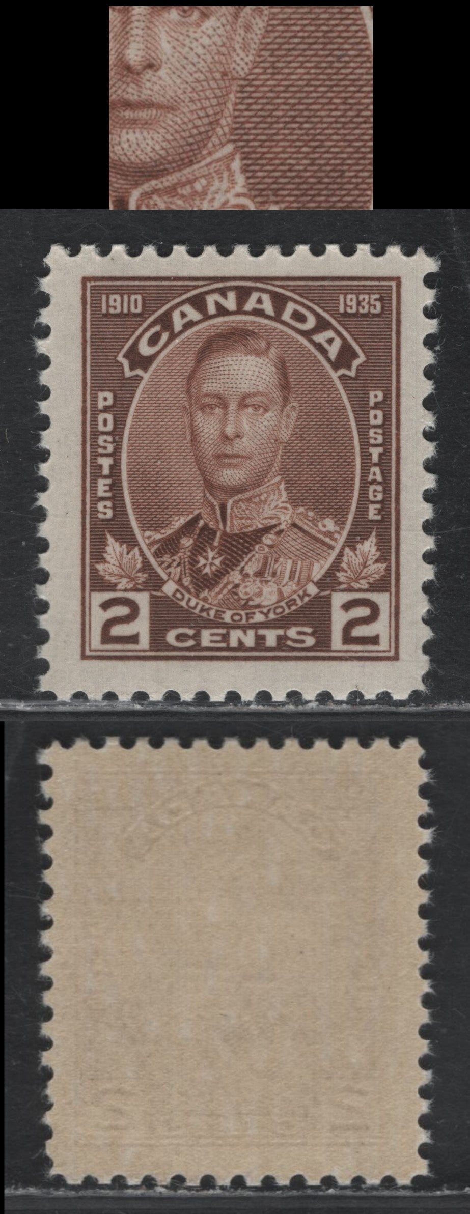 Lot 243 Canada (C) #212var 2c Brown, 1935 KGV Silver Jubilee Issue, A VFNH Single, CBN-MMM Paper, Perf 12x119, Showing Unlisted & Possibly Constant Blemish On Upper Cheek.