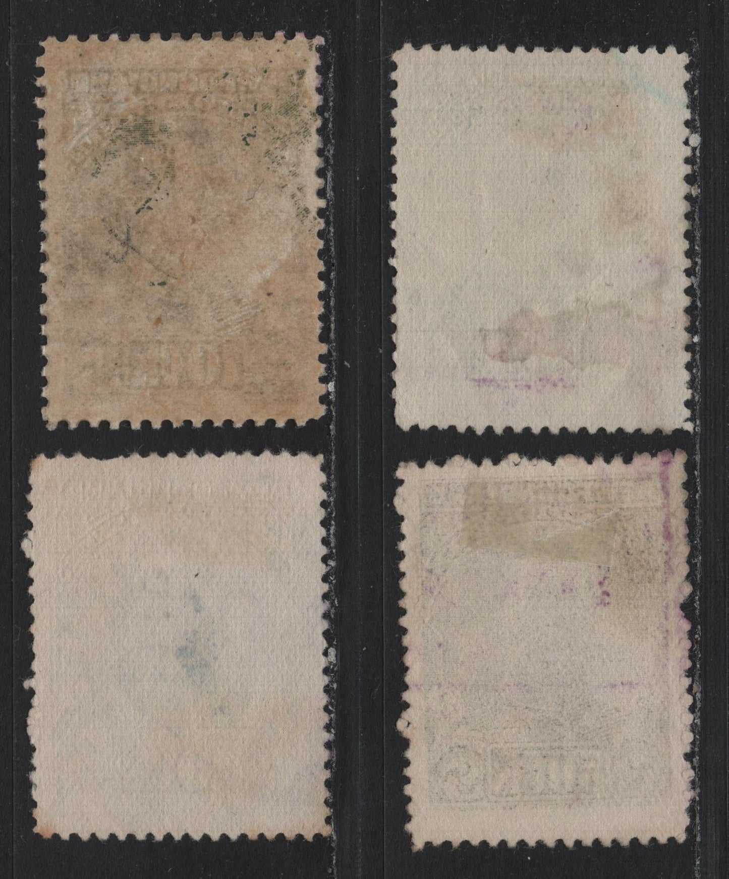 Lot 28 Newfoundland (C) Van Dam#NFR17-a, NFR19-20 10c - $1 Olive Green - Green, 1910 KGV Inland Revenue Issue, 4 Very Good/Fine/Very Fine Used Singles, Perfs 11 (Sage Green) & 12 (Rest)