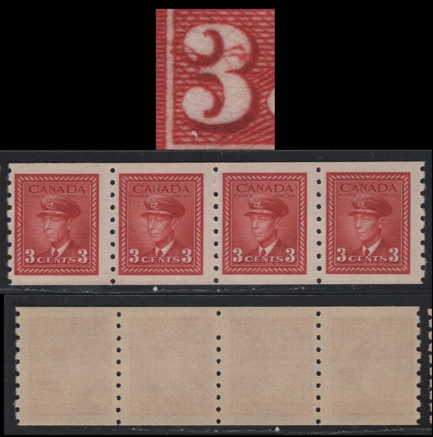 Lot 324 Canada #265 3c Brighter Deep Carmine, 1942-1943 KGV War Issue Coils, A FNH Coil Strip Of 4, CBN-MMMMMM Paper, Perf 8 Vertical, Showing Cracked Left '3' On Right Stamp, Could Be Constant, Though We Do Not Know if It Is.