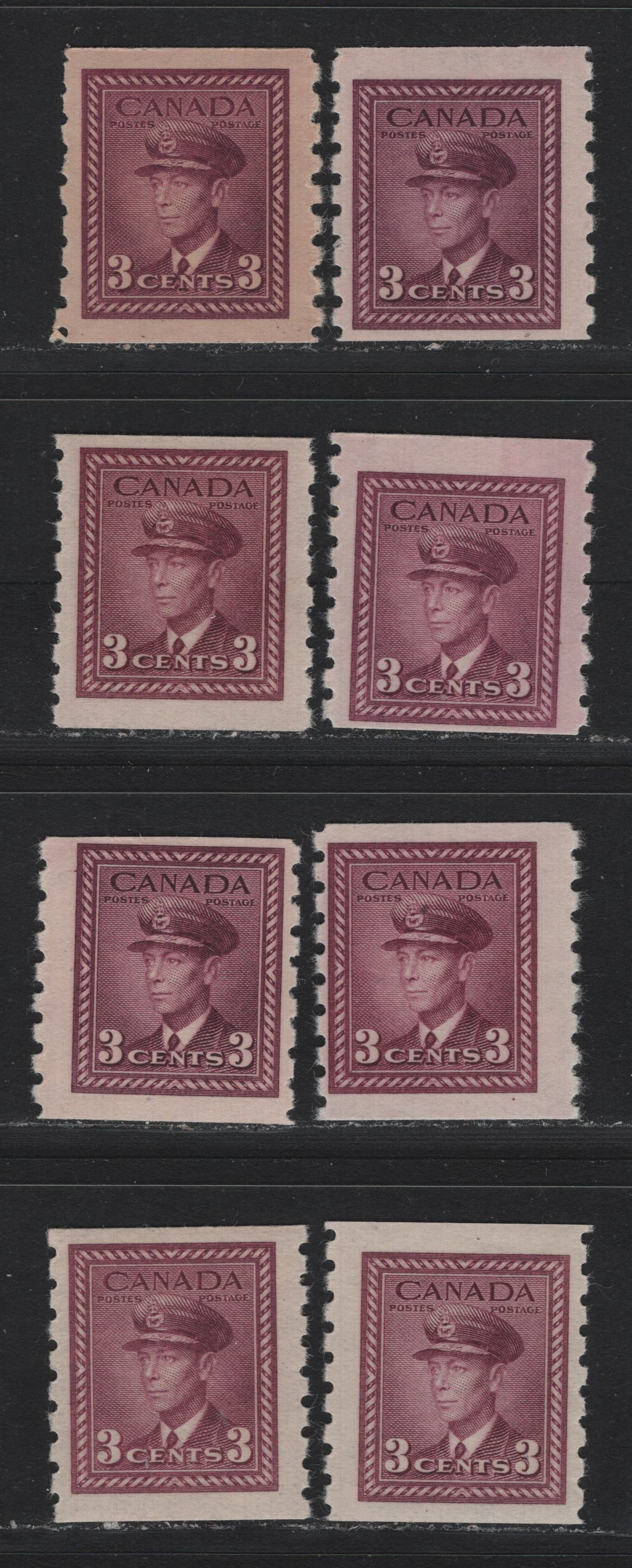Lot 98 Canada #266 3c Rosy Purple, 1942-1943 KGV War Issue Coils, 8 FNH Coil Singles, CBN-MMMMMM, CBN-NNNNNN, CBN-OOOOOO & CBN-WW Papers, Shades Include Rosy Purple, Milky Rose Purple & Rosy Plum