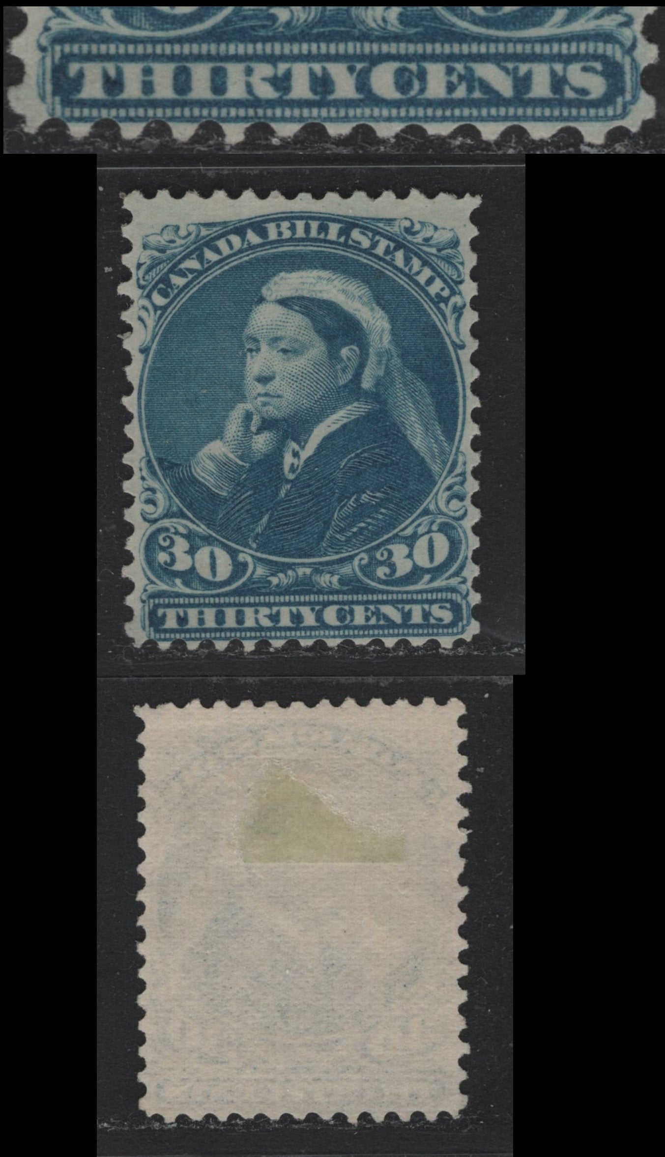 Lot 76 Canada Van Dam#FB49 30c Blue, 1868 Third Bill Issue, A Fine Unused Single, Perf 12, Stout Horizontal Wove Paper, Showing Re-Entry Of Bottom Frameline.