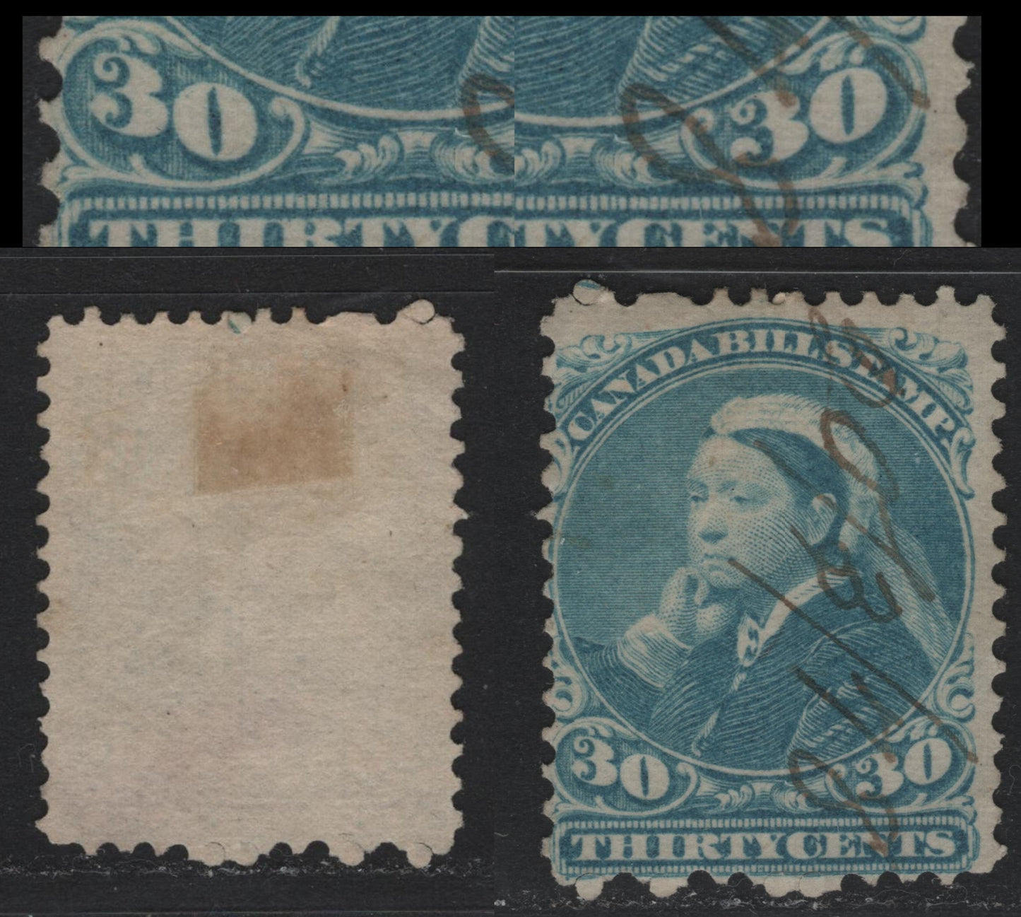 Lot 77 Canada Van Dam#FB49var 30c Light Blue, 1868 Third Bill Issue, A FOG Single, Perf 11.75x12, Thick Horizontal Wove Paper, Showing Re-Entry Of Bottom Frameline.