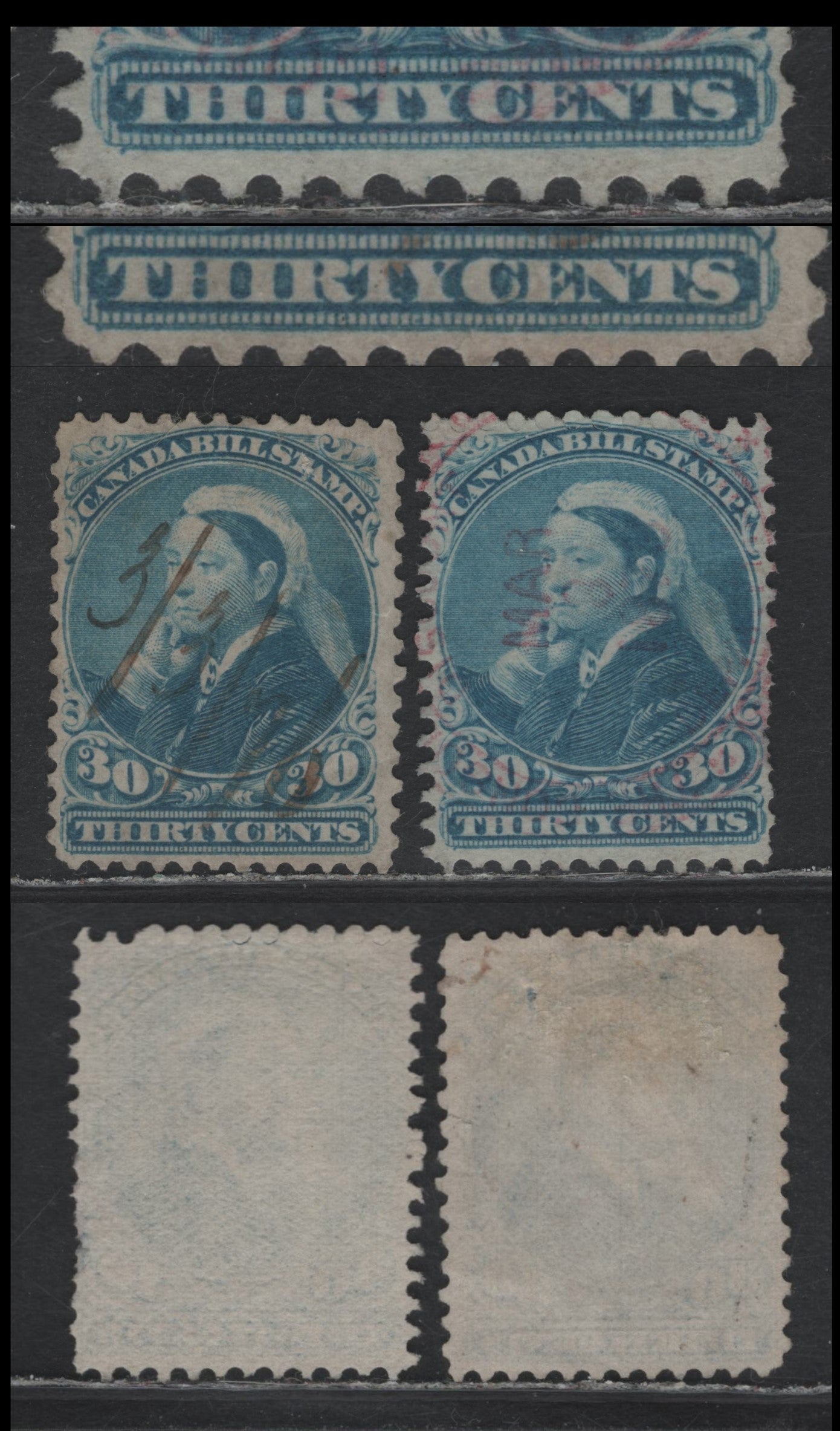Lot 78 Canada Van Dam#FB49 30c Blue, 1868 Third Bill Issue, 2 Very Good/Fine Used Singles, Perf 12, Vertical Wove, Perf 12, Horizontal Wove, Perf 11.75x12, Both Showing Re-Entry Of Bottom Frameline.