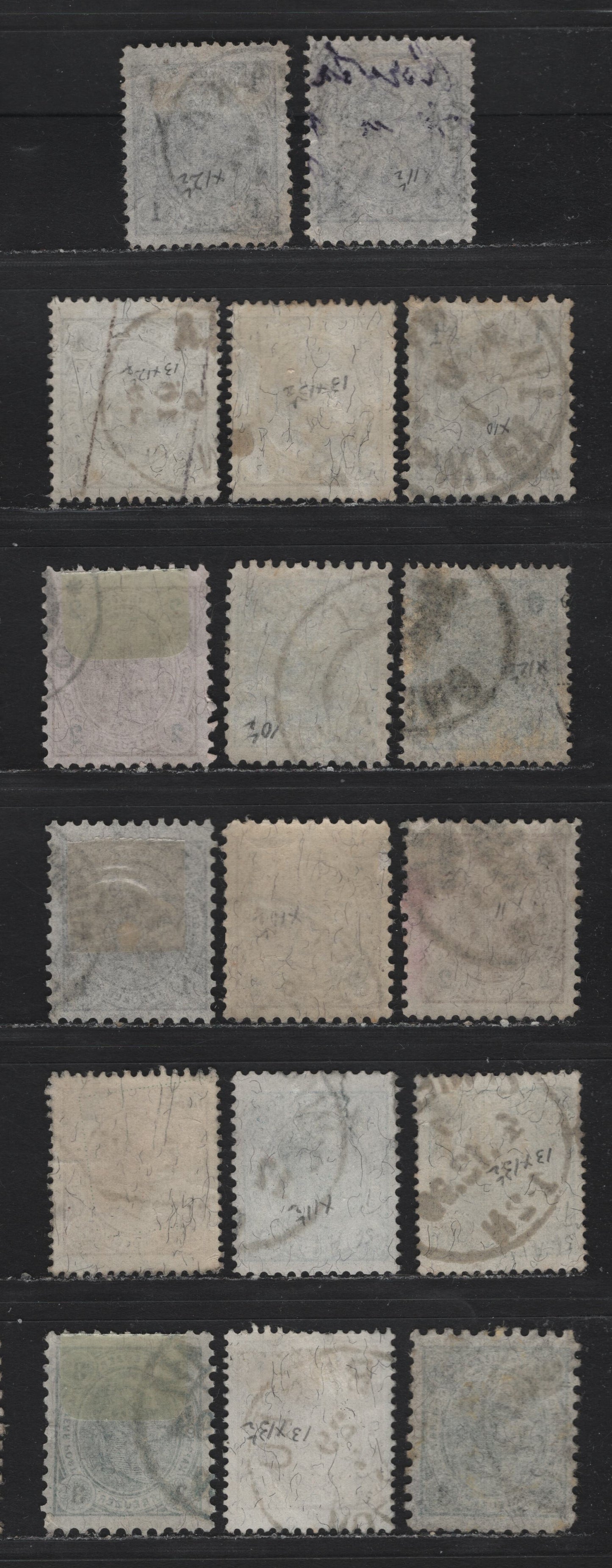 Lot 154 Austria (C) Scott#51-53 1kr - 3kr Dark Gray & Black - Blue Green & Black , 1890-1896 Franz Josef Sidefaces Issue, 17 Fine/Very Fine Used Singles, Kreuzer Currency, Various Perfs