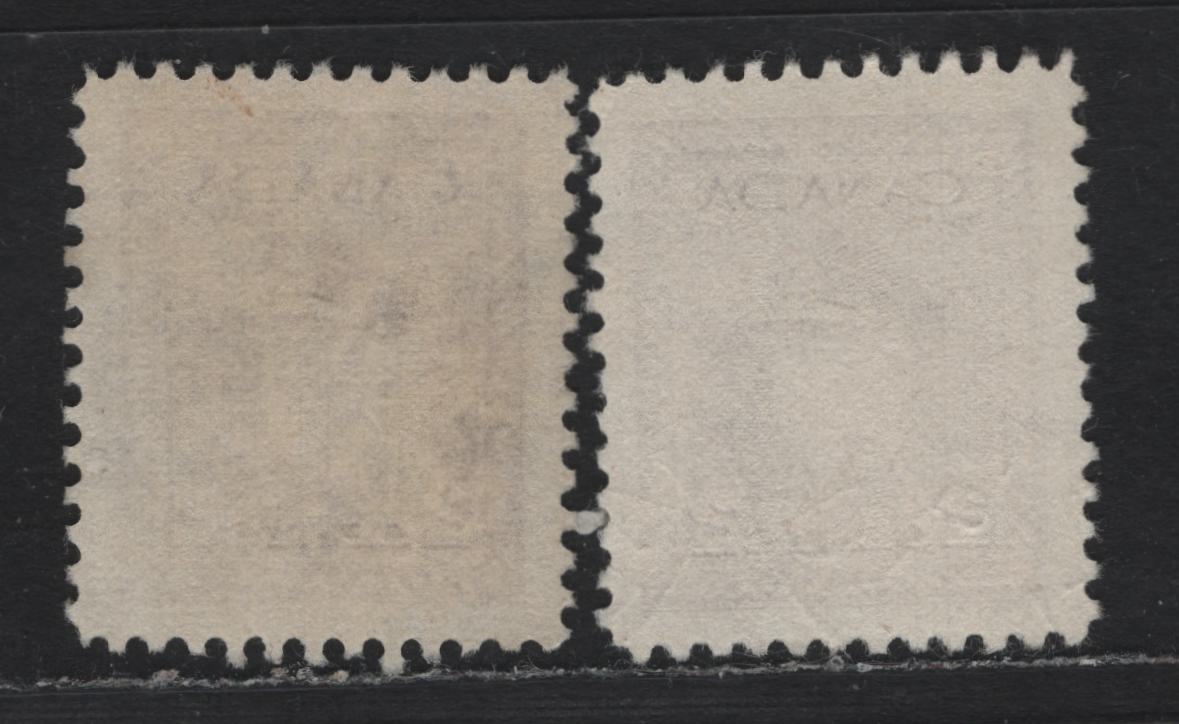 Lot 333 Canada #250var 2c Very Pale Brown , 1942-1943 KGVI War Issue, 2 Very Fine Used Singles, Translucent Horizontal Ribber Paper, With Normal Shade For Comparison, Scarce & Unusual Shade.