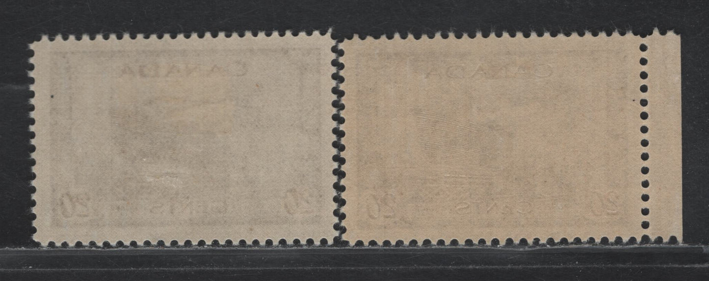 Lot 344 Canada #260 20c Deep Purple Brown , 1942-1943 KGVI War Issue, 2 VFNH Singles, CBN-QQQ & CBN-YYYYY Papers, Perfs 11.9x11.8 & 11.9
