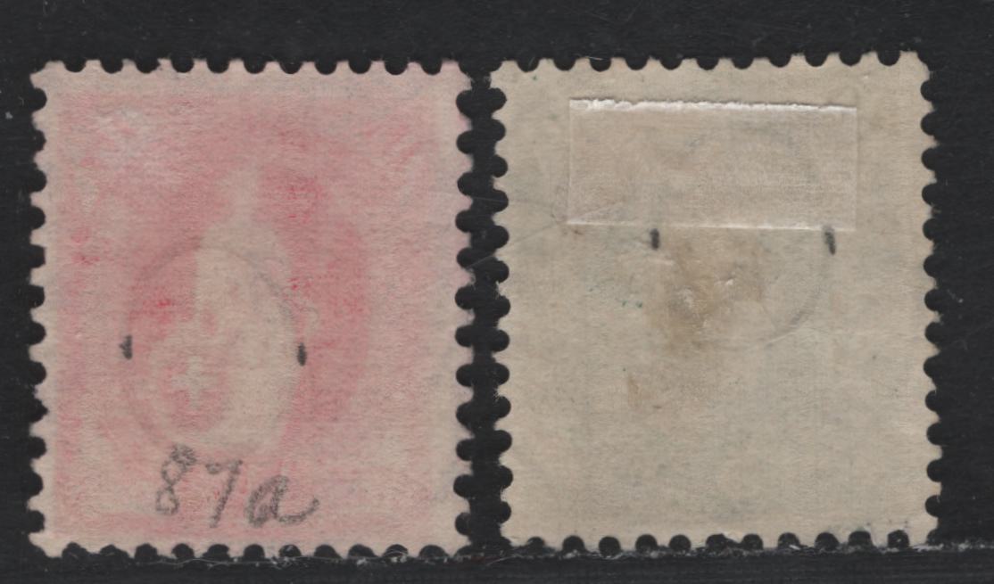 Lot 73 Switzerland Scott#96a, 97 50c - 1fr Green - Carmine , 1891-1903 Standing Helvetia Issue, 2 Fine Used Singles, Wmk Type 1 (50c) & Type 2 (1fr), Perf 11.5x12