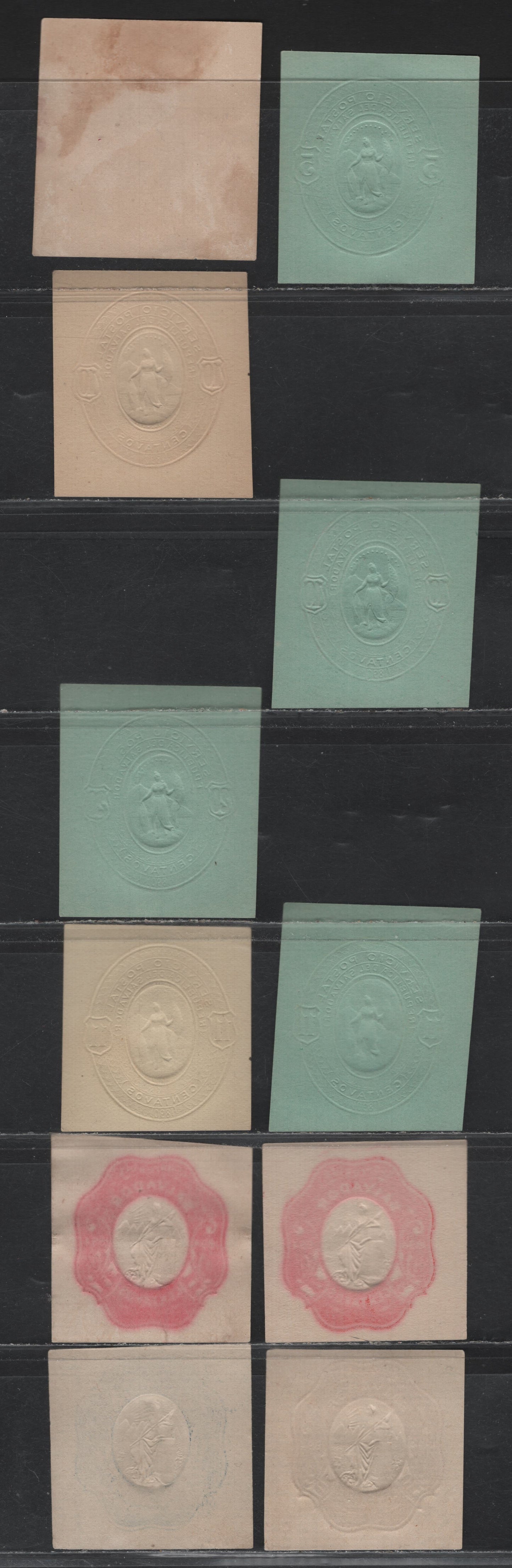 Lot 320 El Salvador (C) 1890 Postal Stationary, 11 Very Fine Unused Cut Squares, Wide Margins On White, Cream & Bluish Papers