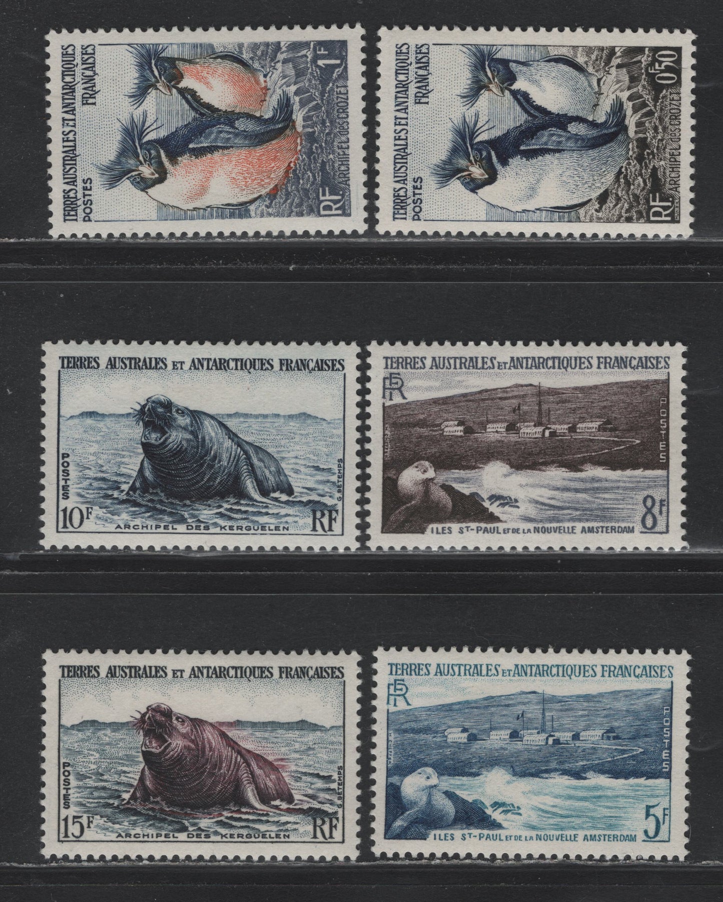 Lot 330 French Southern Antarctic Territory (C) Scott#2-7 50c - 15fr Dark Blue, Sepia & Yellow - Indigo & Brown Violet , 1956 Wildlife & new Amsterdam Issue, 6 VFOG Singles