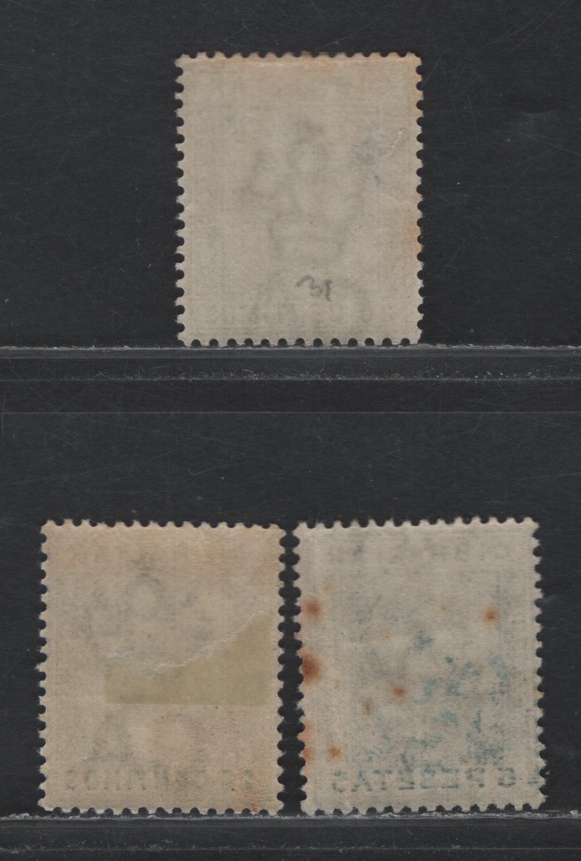 Lot 334 Gibraltar (C) Gibbons 24, 26, 33 20c - 5p Olive Green & Brown - Slate Gray , 1889-1896 Queen Victoria Keyplate Issue, 3 VG/VFOG Singles, Spanish Currency, Light Diagonal Crease In 25c, 5p Has Toning Spots On The Back.