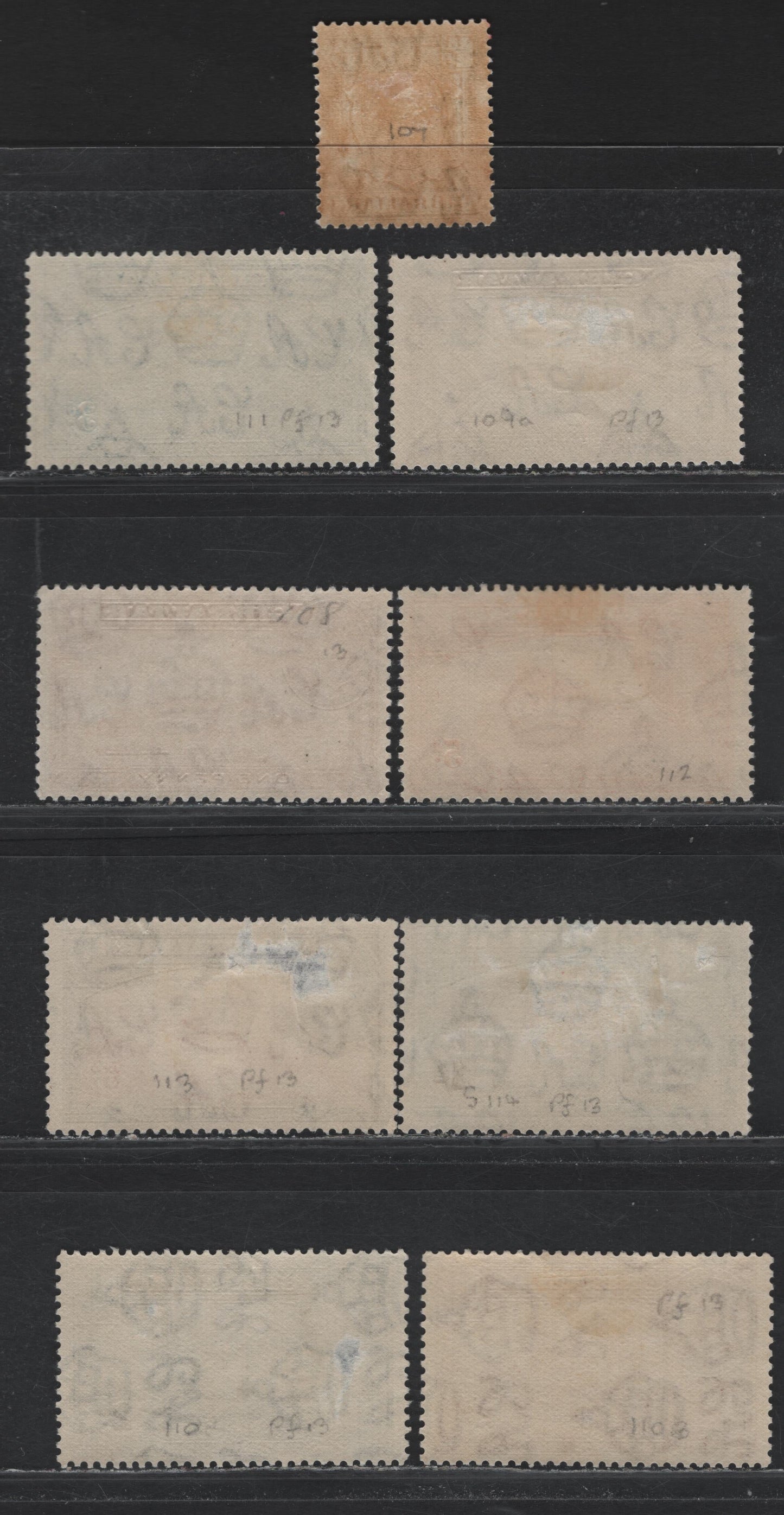 Lot 336 Gibraltar (C) Gibbons#121, 122d, 123b, 124b,c, 125b,c, 126b, 127 1/2d - 1/- Deep Green - Black & Green , 1938-1951 KGVI Pictorial Issue, 9 F/VFOG Singles, Perf 13, 1943-1951 Printings, Upright & Sideways Wmks.